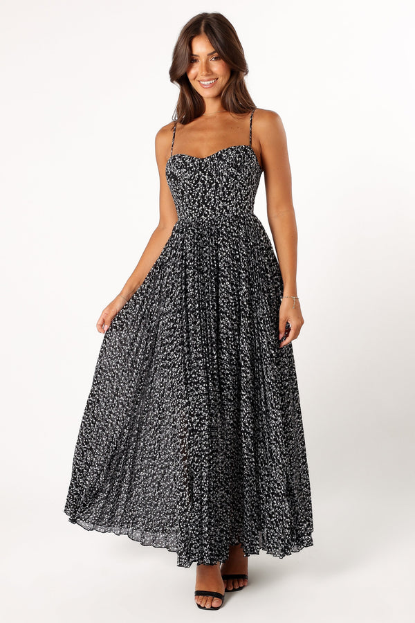 Petal and Pup USA DRESSES Achanti Pleated Maxi Dress - Black Floral