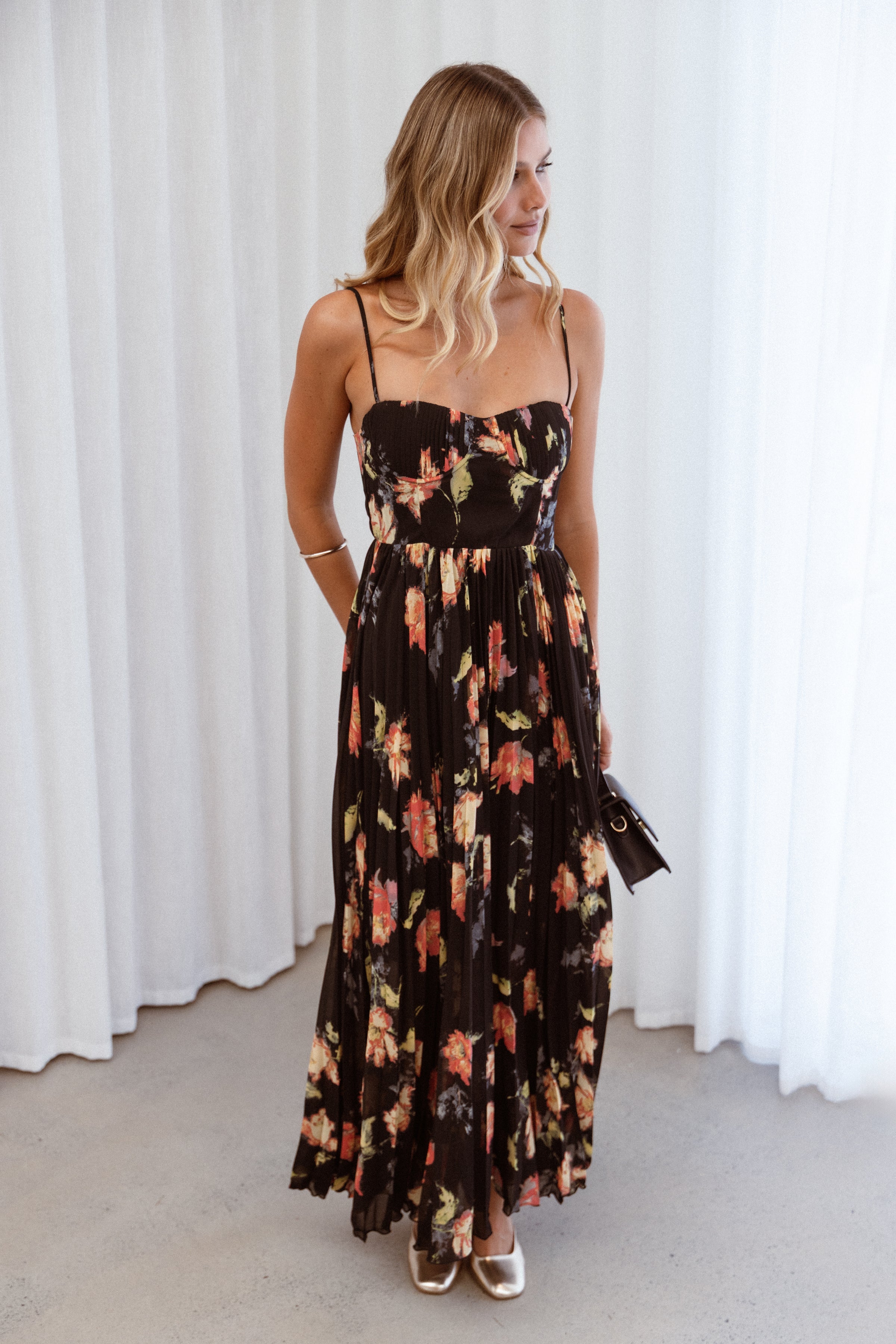 Petal and Pup USA DRESSES Achanti Pleated Maxi Dress - Black Multi