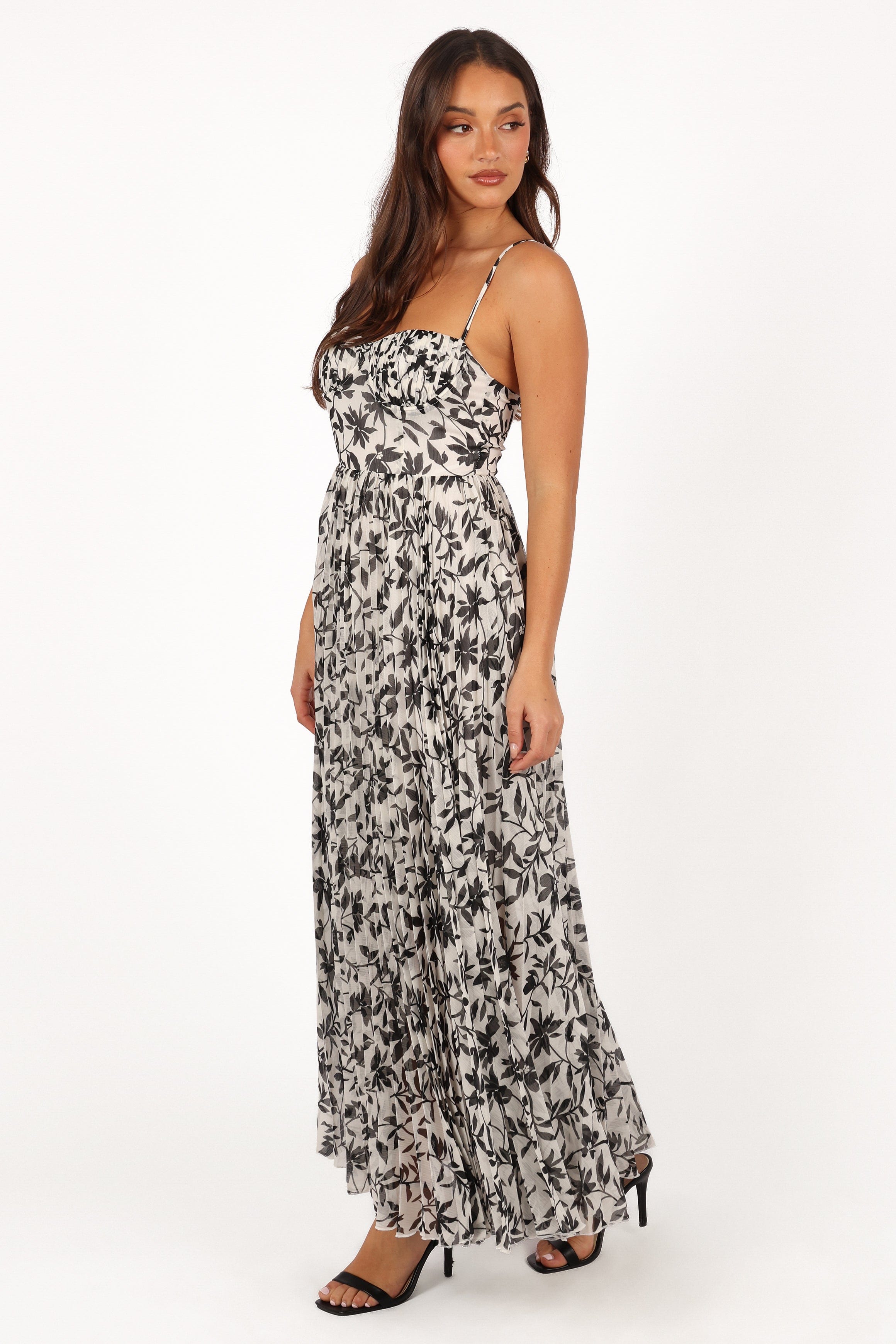 Petal and Pup USA DRESSES Achanti Pleated Maxi Dress - White Black Floral (Hold for Rack)