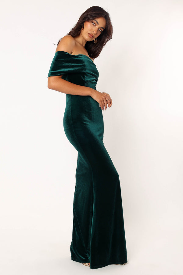 Petal and Pup USA DRESSES Adair Off Shoulder Maxi Dress - Emerald Green