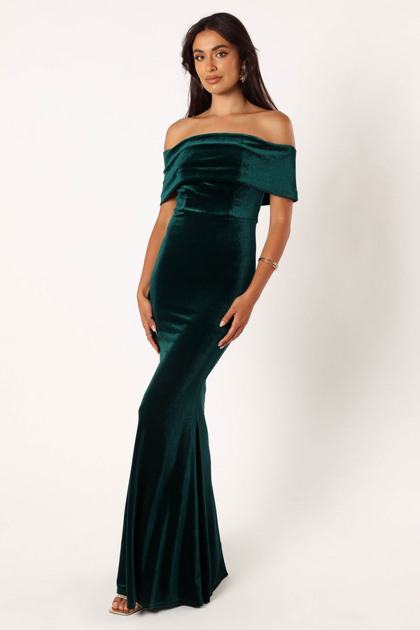 Petal and Pup USA DRESSES Adair Off Shoulder Maxi Dress - Emerald Green