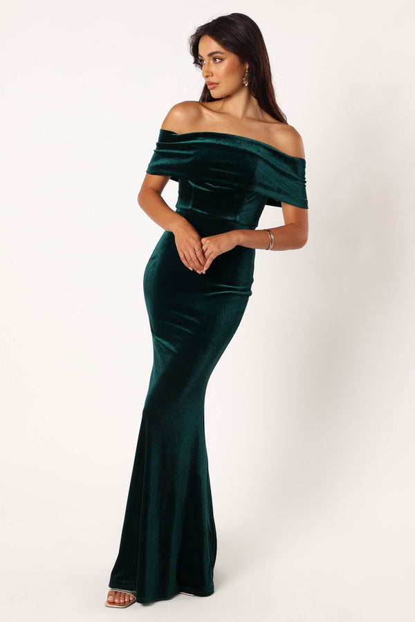 Petal and Pup USA DRESSES Adair Off Shoulder Maxi Dress - Emerald Green