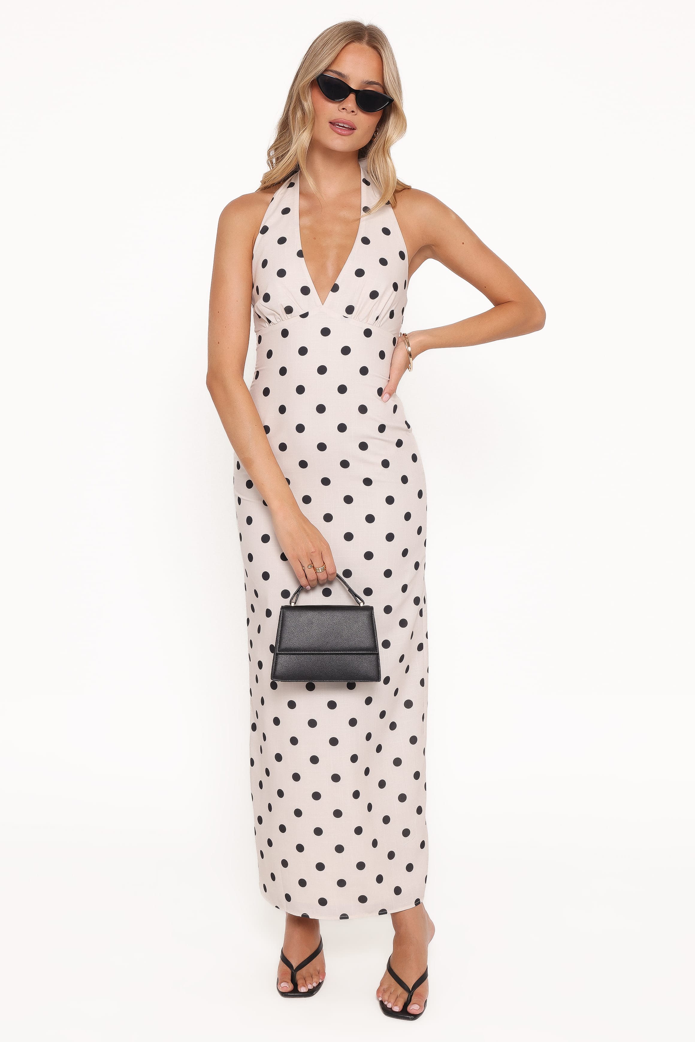 Petal and Pup USA DRESSES Adora Halterneck Maxi Dress - White Polka Dot