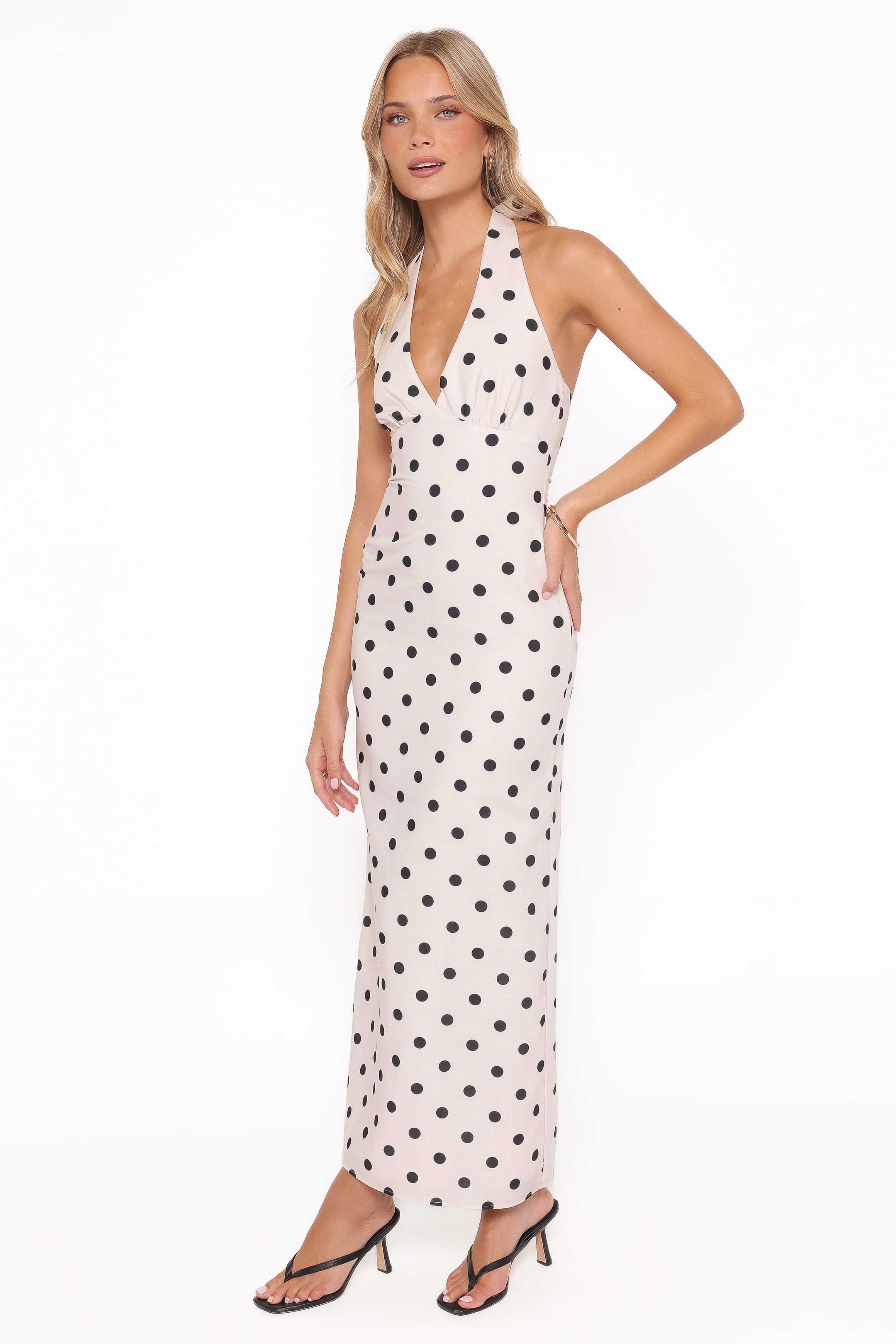 Petal and Pup USA DRESSES Adora Halterneck Maxi Dress - White Polka Dot