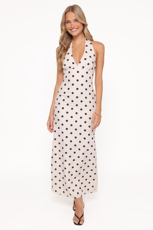 Petal and Pup USA DRESSES Adora Halterneck Maxi Dress - White Polka Dot