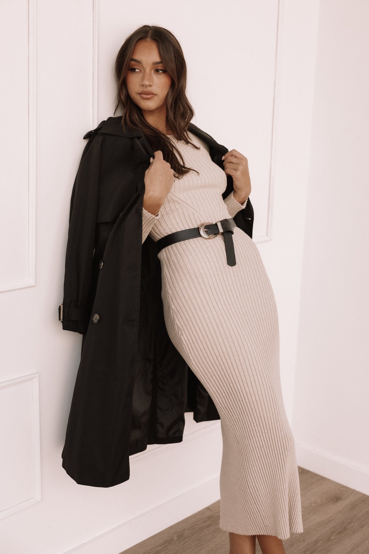 long sleeve midi dress with belt Long Sleeve Midi Dress with Waist Belt