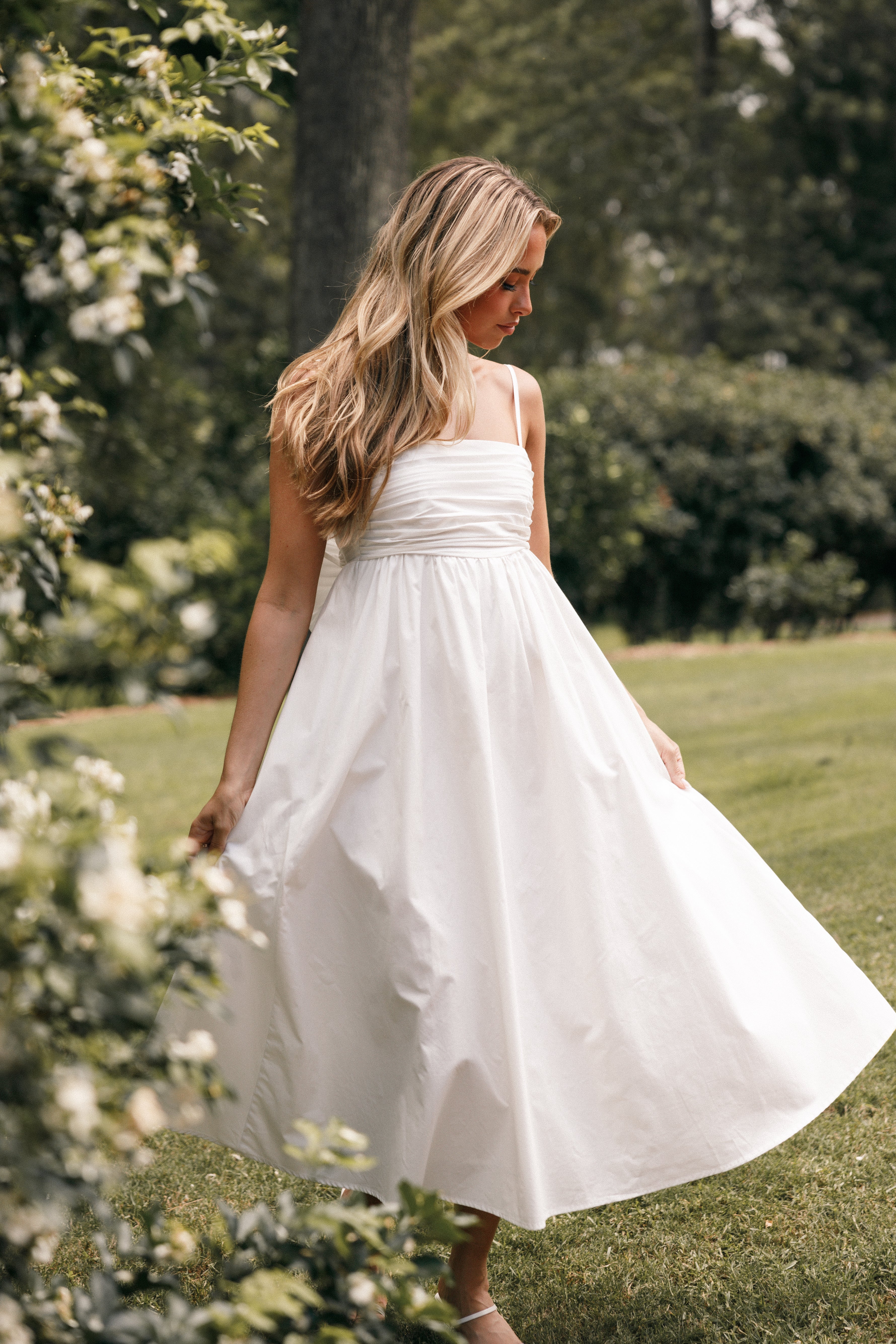 White Summer Dress with a on sale Midi Skirt, White Dress with an Open Back, White Dress with a Full Skirt, Summer White Dress with Straps