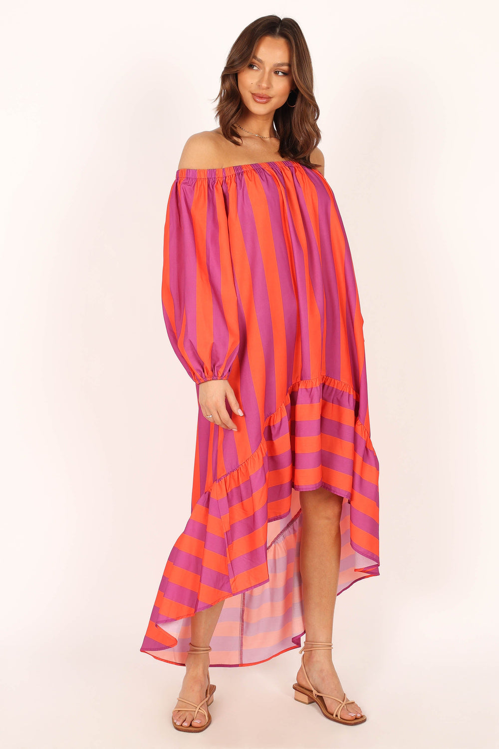 Alysa Off Shoulder Midi Dress - Coral Stripe - Petal & Pup USA