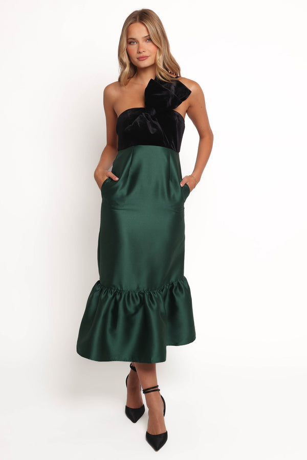 Petal and Pup USA DRESSES Amelie Bow Front One Shoulder Midi Dress - Black/Emerald