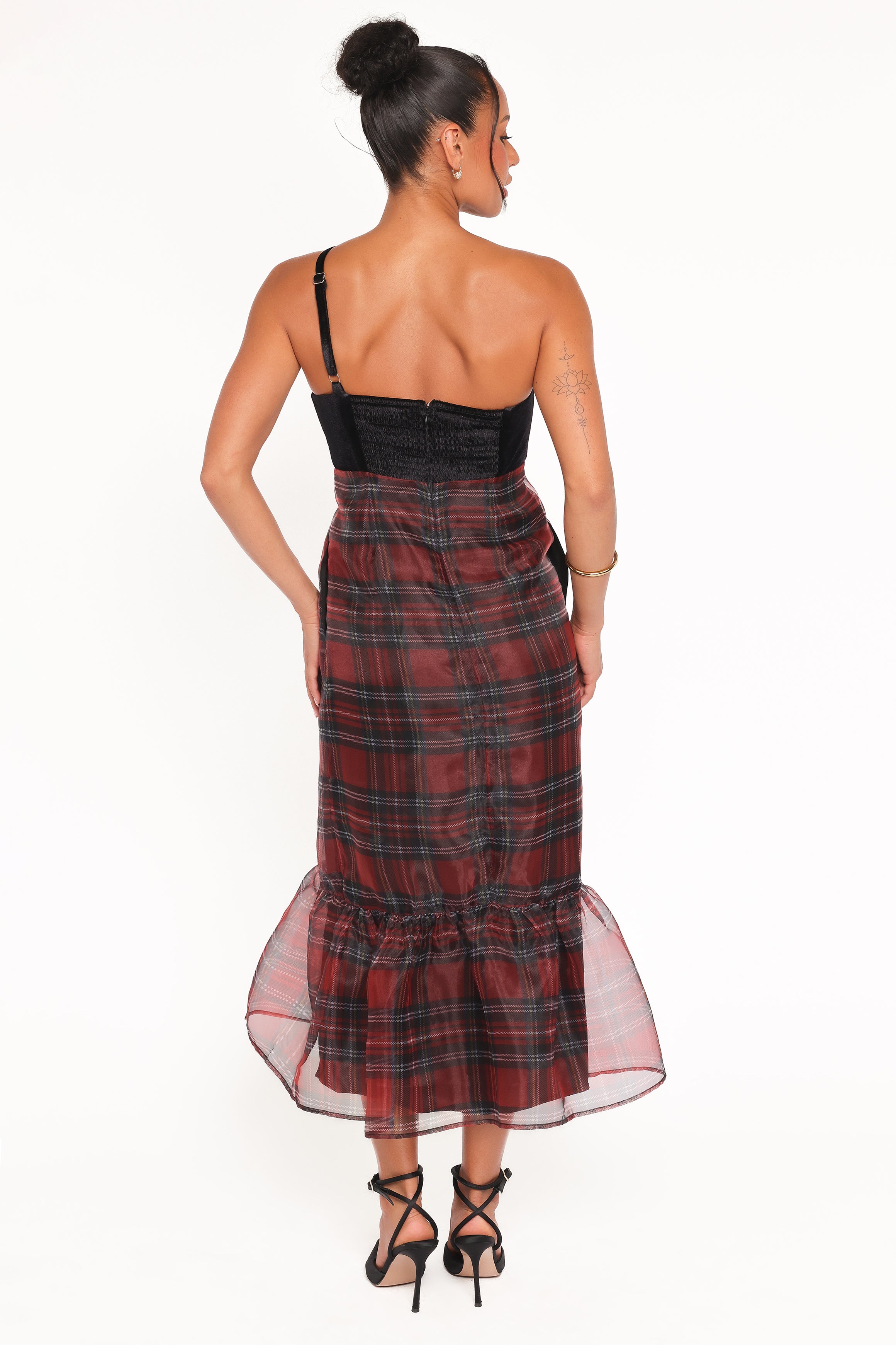 Petal and Pup USA DRESSES Amelie Bow Front One Shoulder Midi Dress - Red Plaid