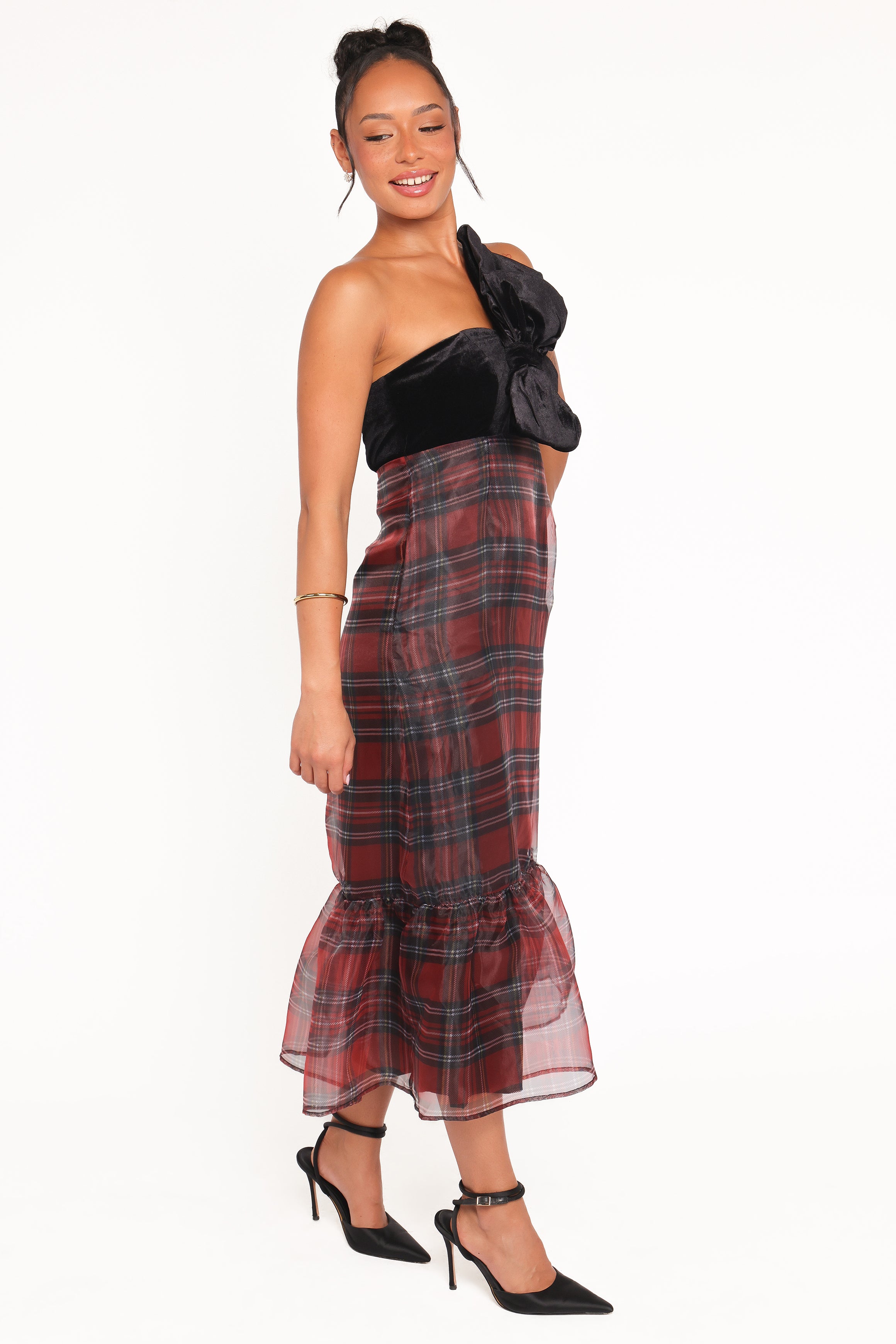 Amelie Bow Front One Shoulder Midi Dress - Red Plaid | Petal & Pup USA