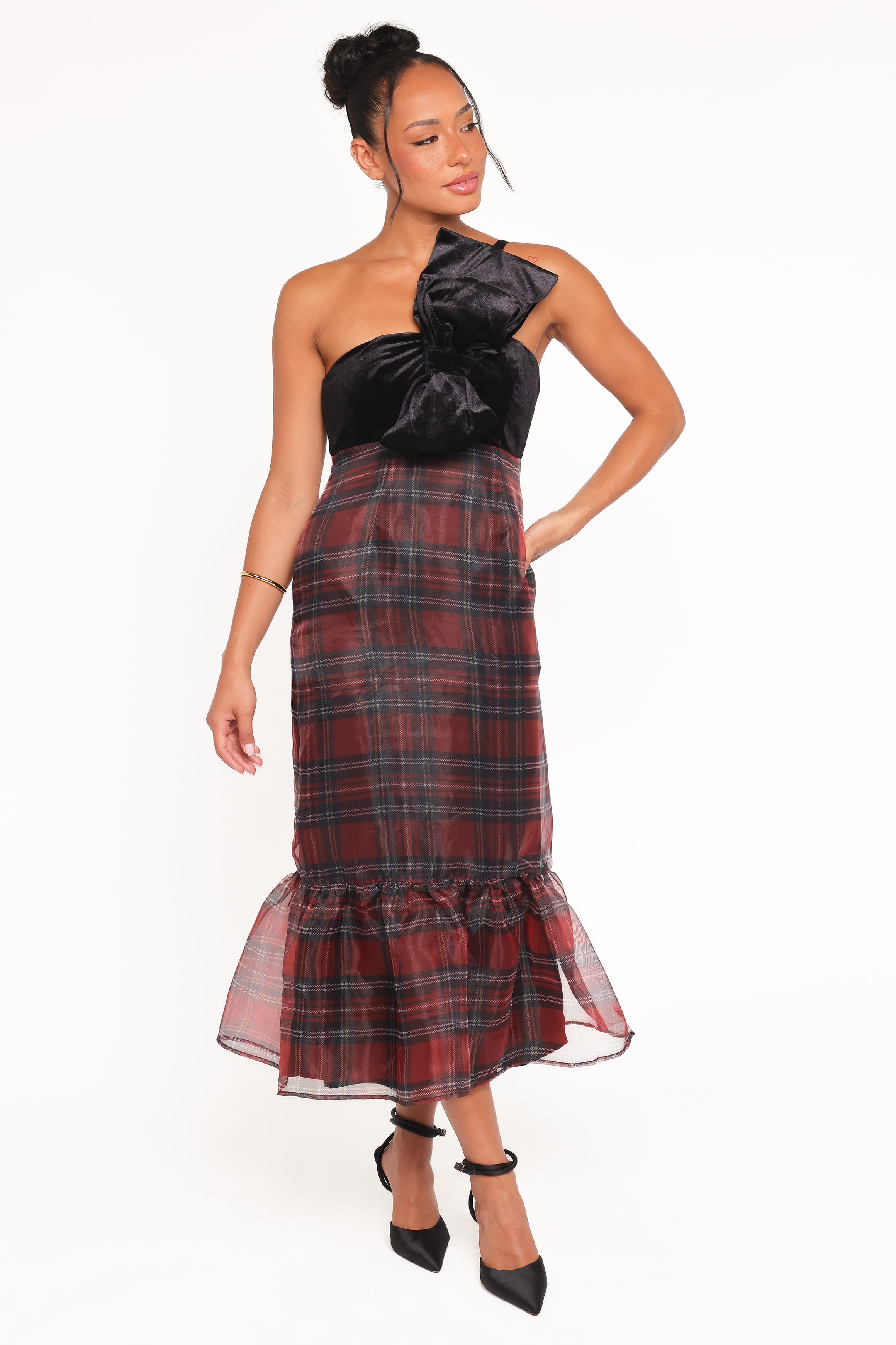 Amelie Bow Front One Shoulder Midi Dress - Red Plaid | Petal & Pup USA