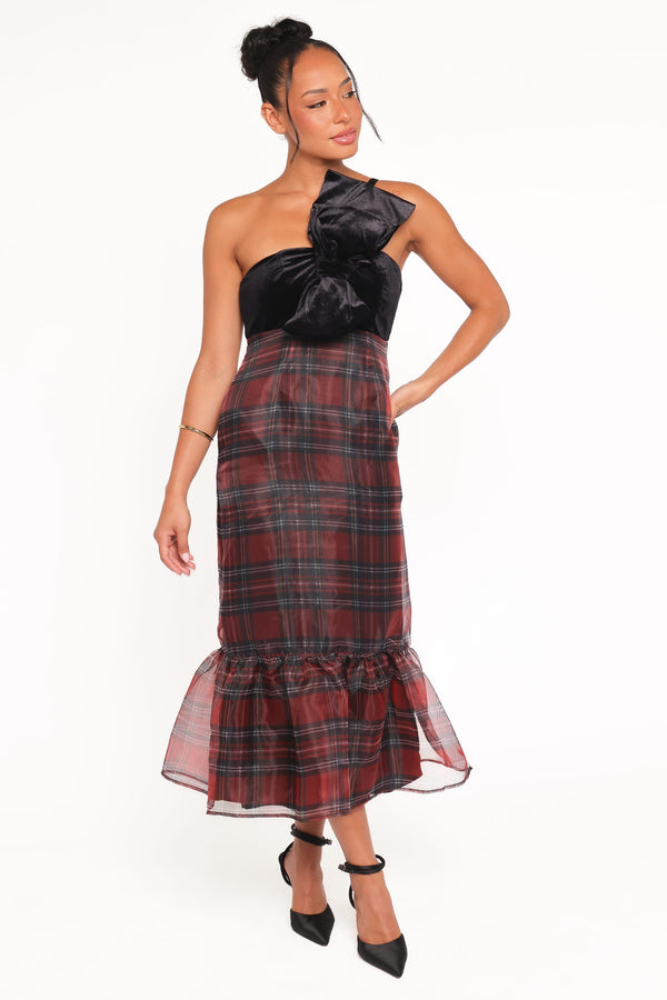 red plaid dresses Petal and Pup Women's Amelie Bow Front One Shoulder Midi Dress