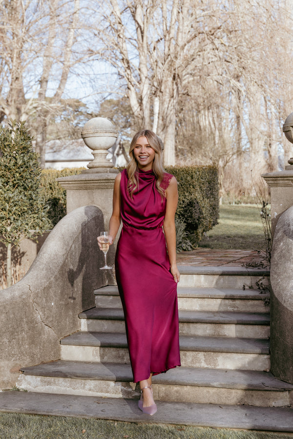 Petal and Pup USA DRESSES Anabelle Halter Neck Lace Maxi Dress - Berry