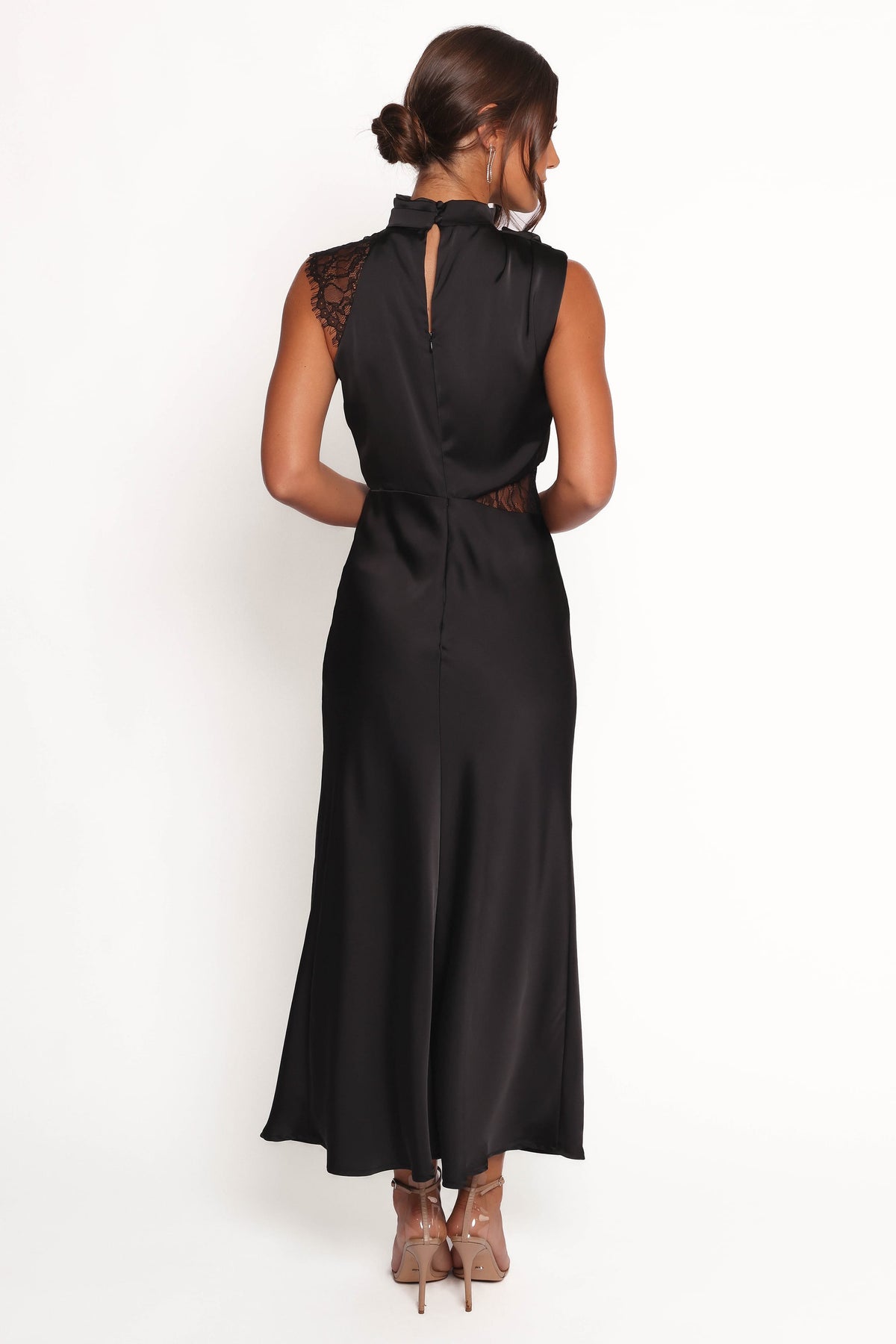 lace halter ruffle peekaboo maxi dress Anabelle Halter Neck Lace Maxi Dress - Black