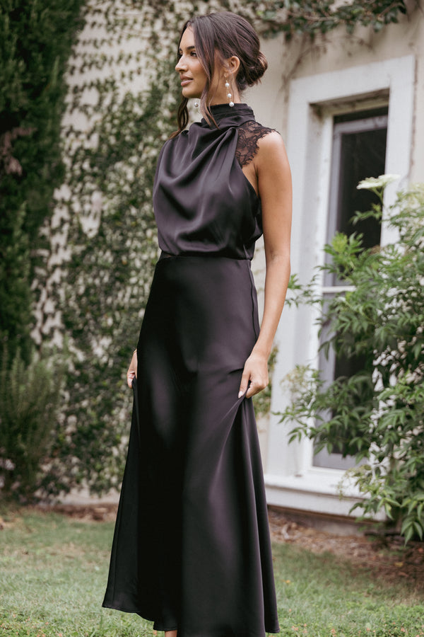 Petal and Pup USA DRESSES Anabelle Halter Neck Lace Maxi Dress - Black