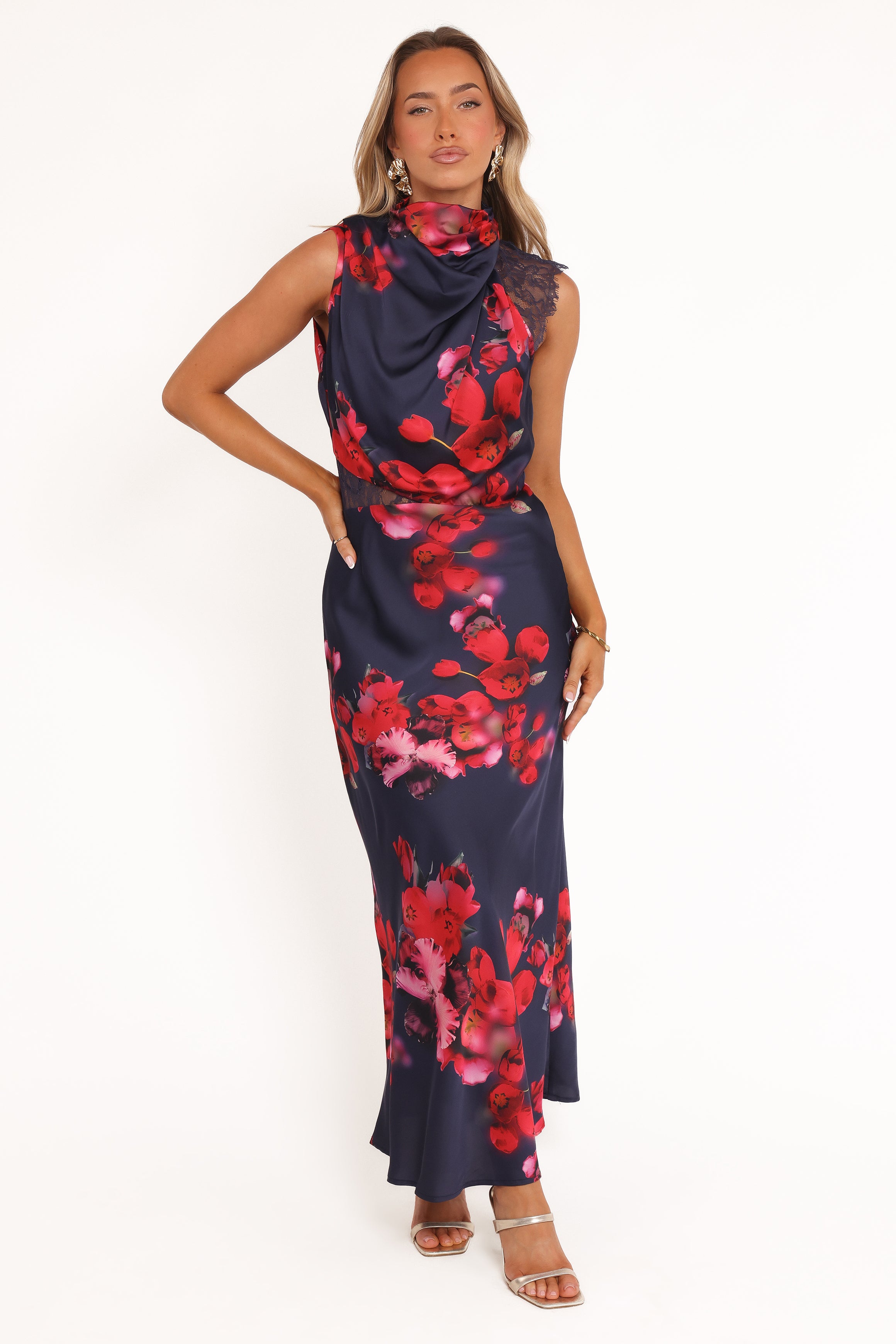 Petal and Pup USA DRESSES Anabelle Halter Neck Lace Maxi Dress - Navy Floral