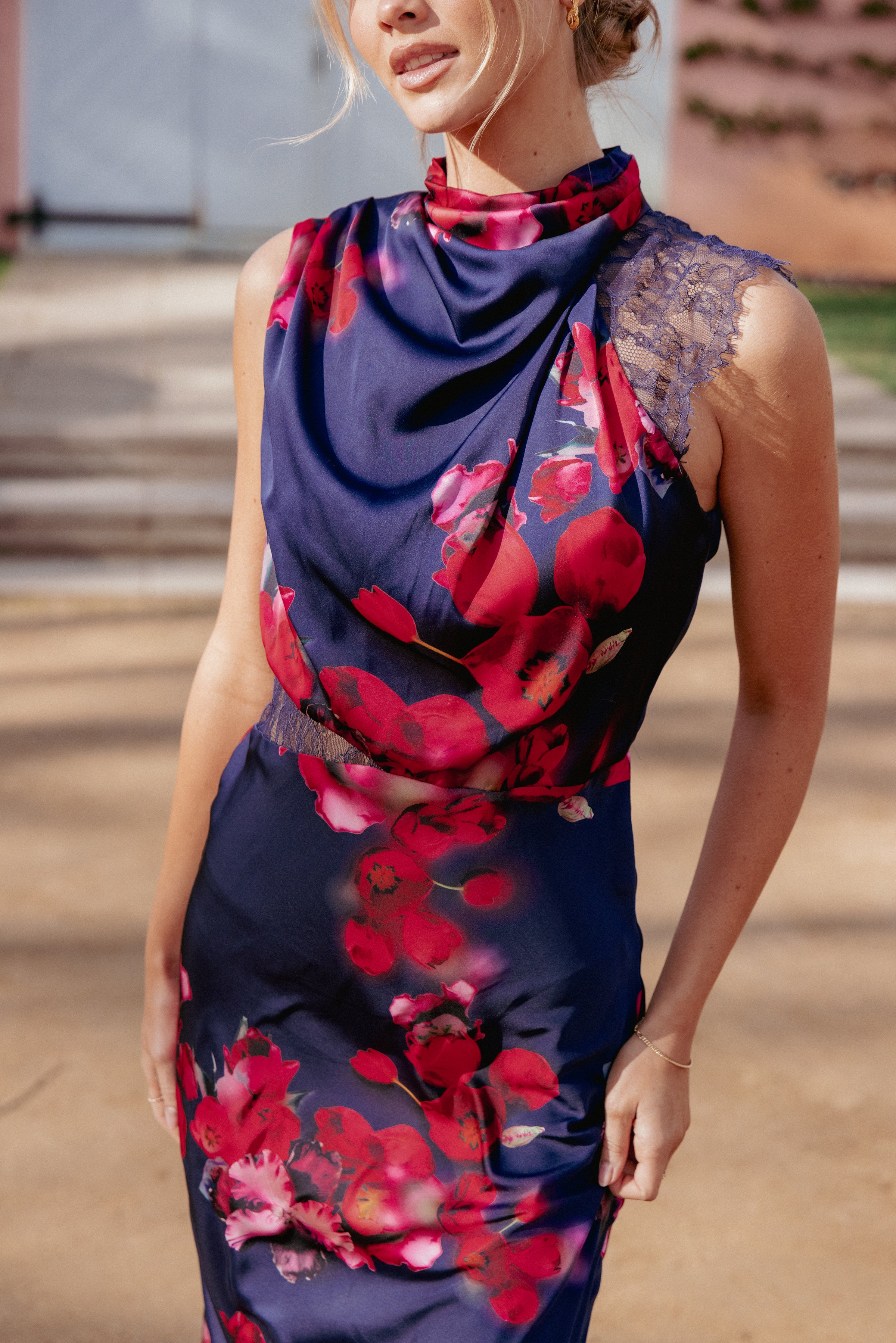 Petal and Pup USA DRESSES Anabelle Halter Neck Lace Maxi Dress - Navy Floral