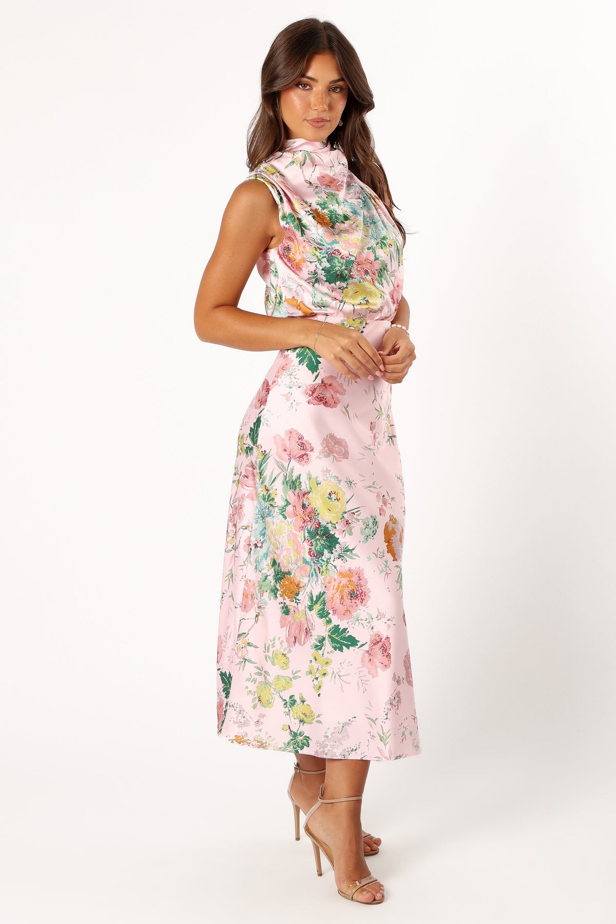 slim fit dress slacks Pink Floral Halter Midi Dress