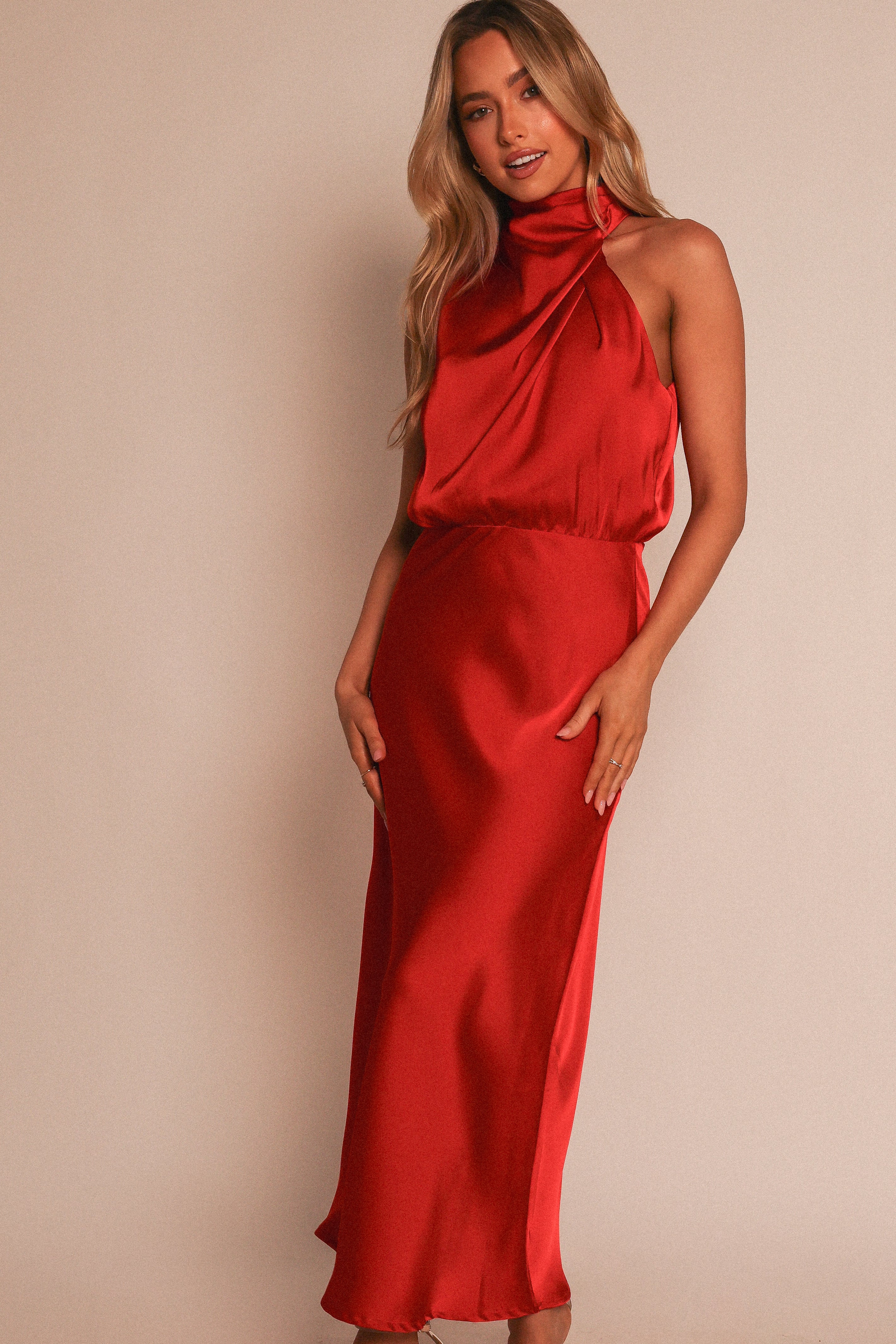 Red halter neck hot sale midi dress