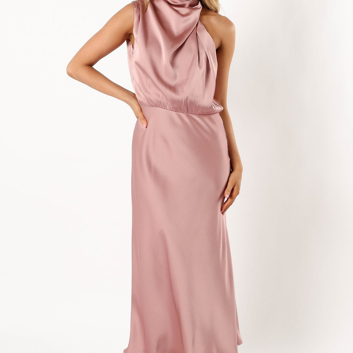 blush satin midi dress Pink Ellena Blush Satin Slip Midi Dress | Womens | Small (Available in M, L, XL) | Polyester/Spandex