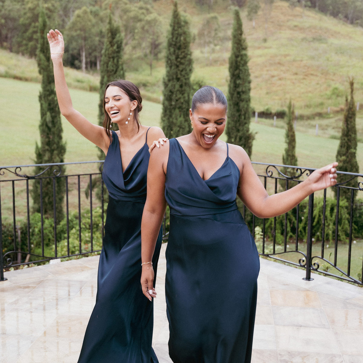 navy blue midi bridesmaid dress A-line V-neck Navy Satin Wedding Midi Bridesmaid Dresses High Low Party Dress APD2753