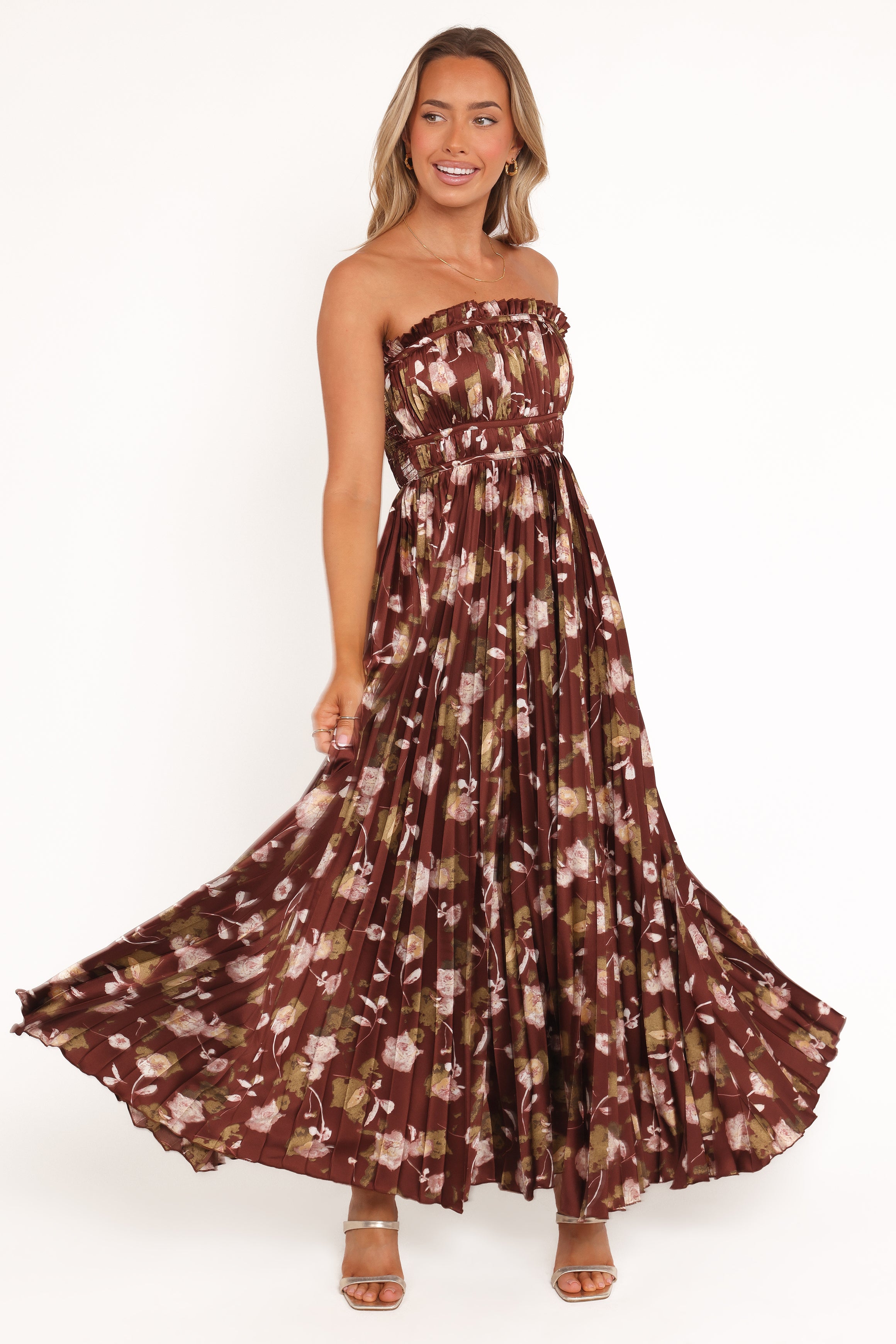 Petal and Pup USA DRESSES Angelique Strapless Maxi Dress - Brown Floral