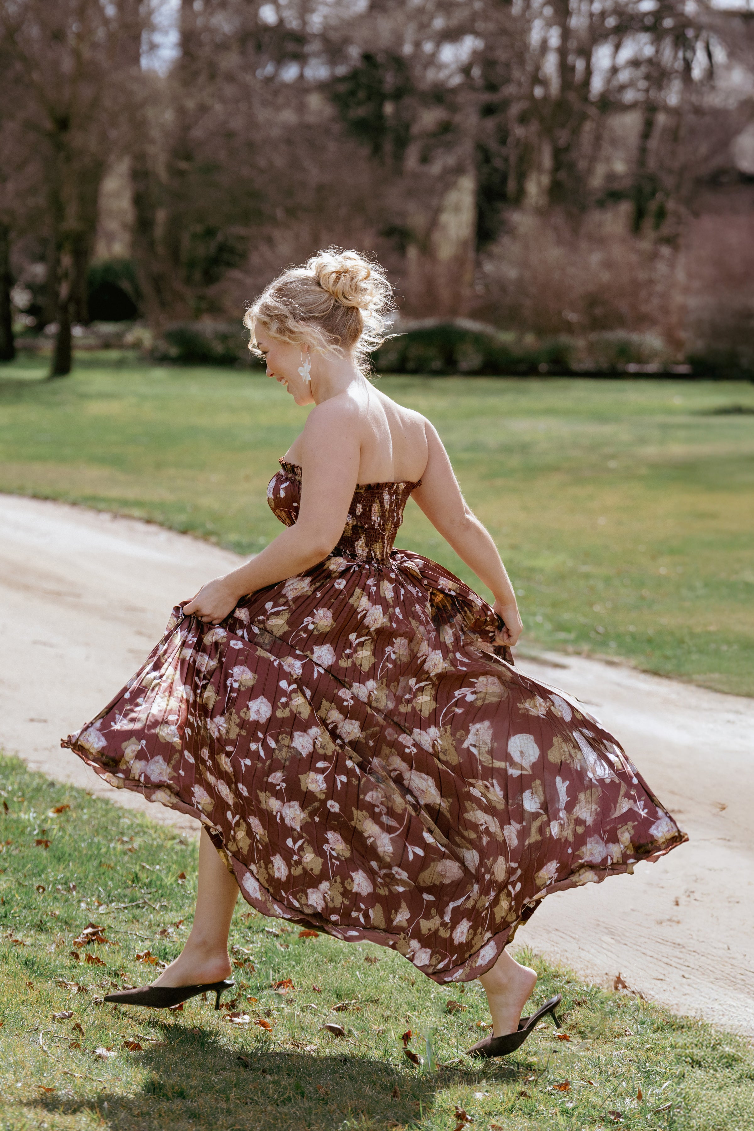 Petal and Pup USA DRESSES Angelique Strapless Maxi Dress - Brown Floral