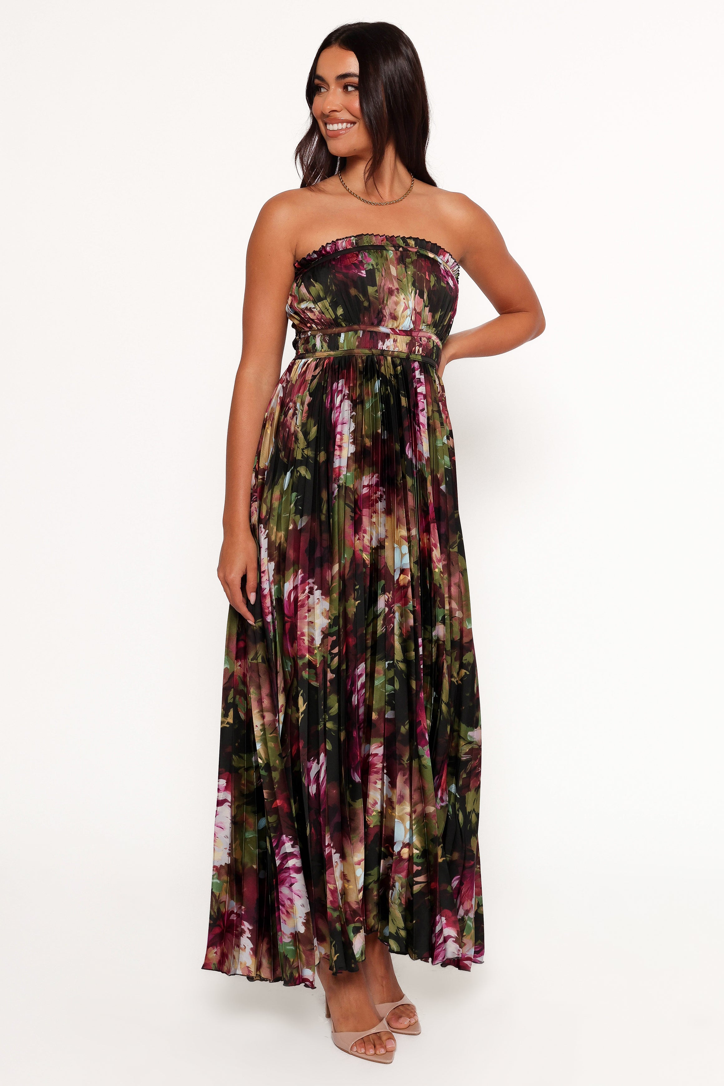 Petal and Pup USA DRESSES Angelique Strapless Maxi Dress - Grey Blurred Floral