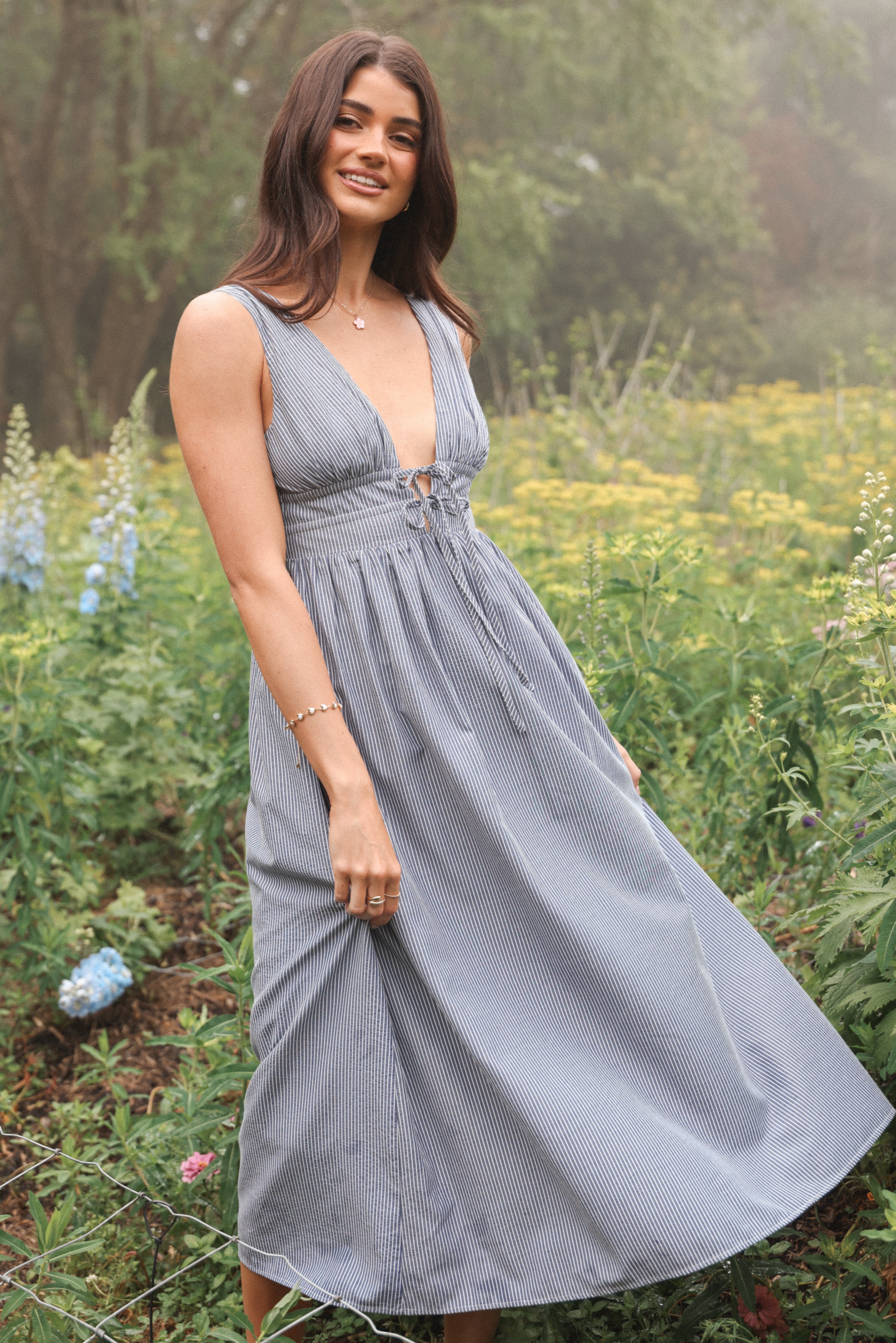 Petal and Pup USA DRESSES Annora Midi Dress - Navy Pinstripe