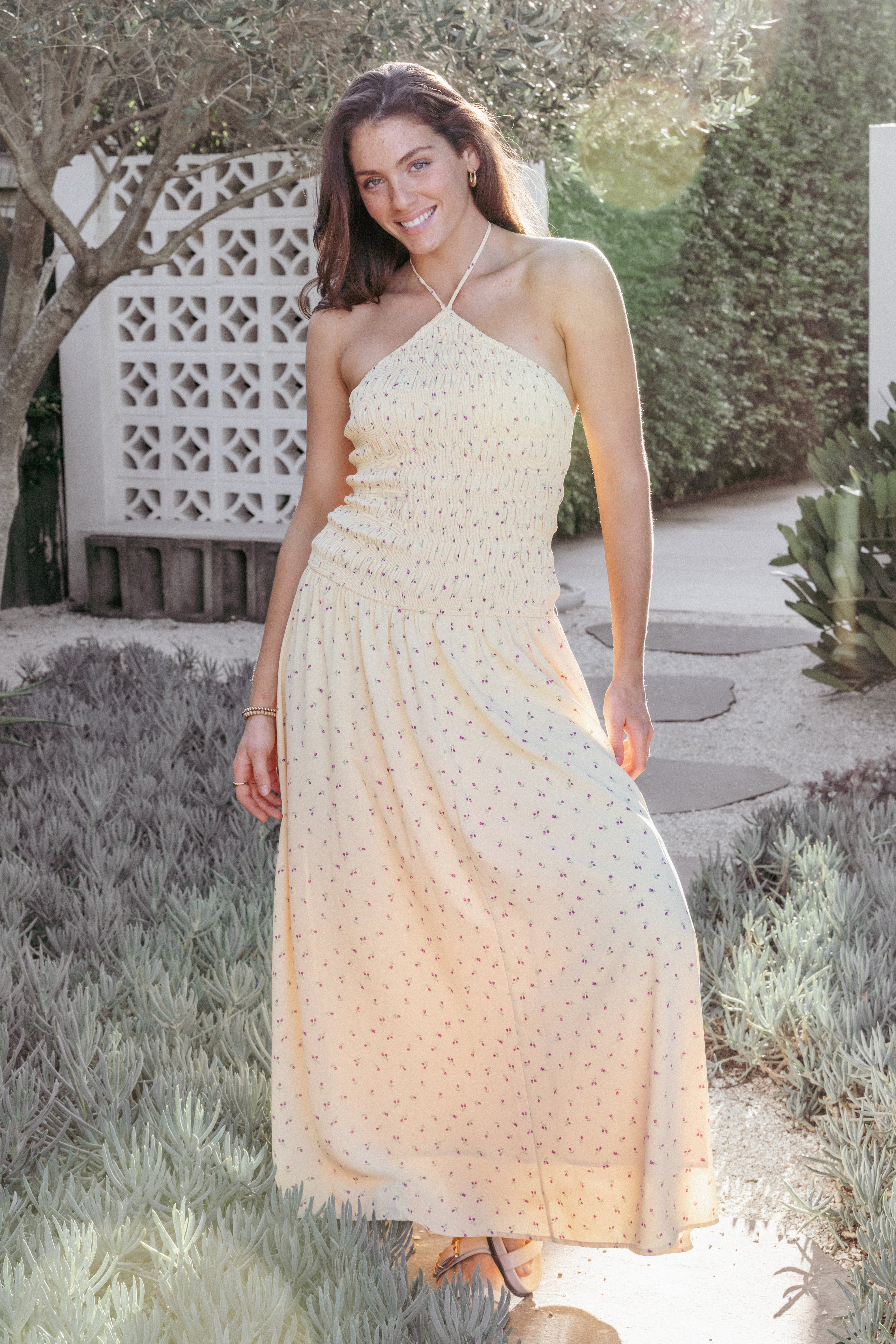 Petal and Pup USA DRESSES Aradia Halter Maxi Dress - Yellow Floral