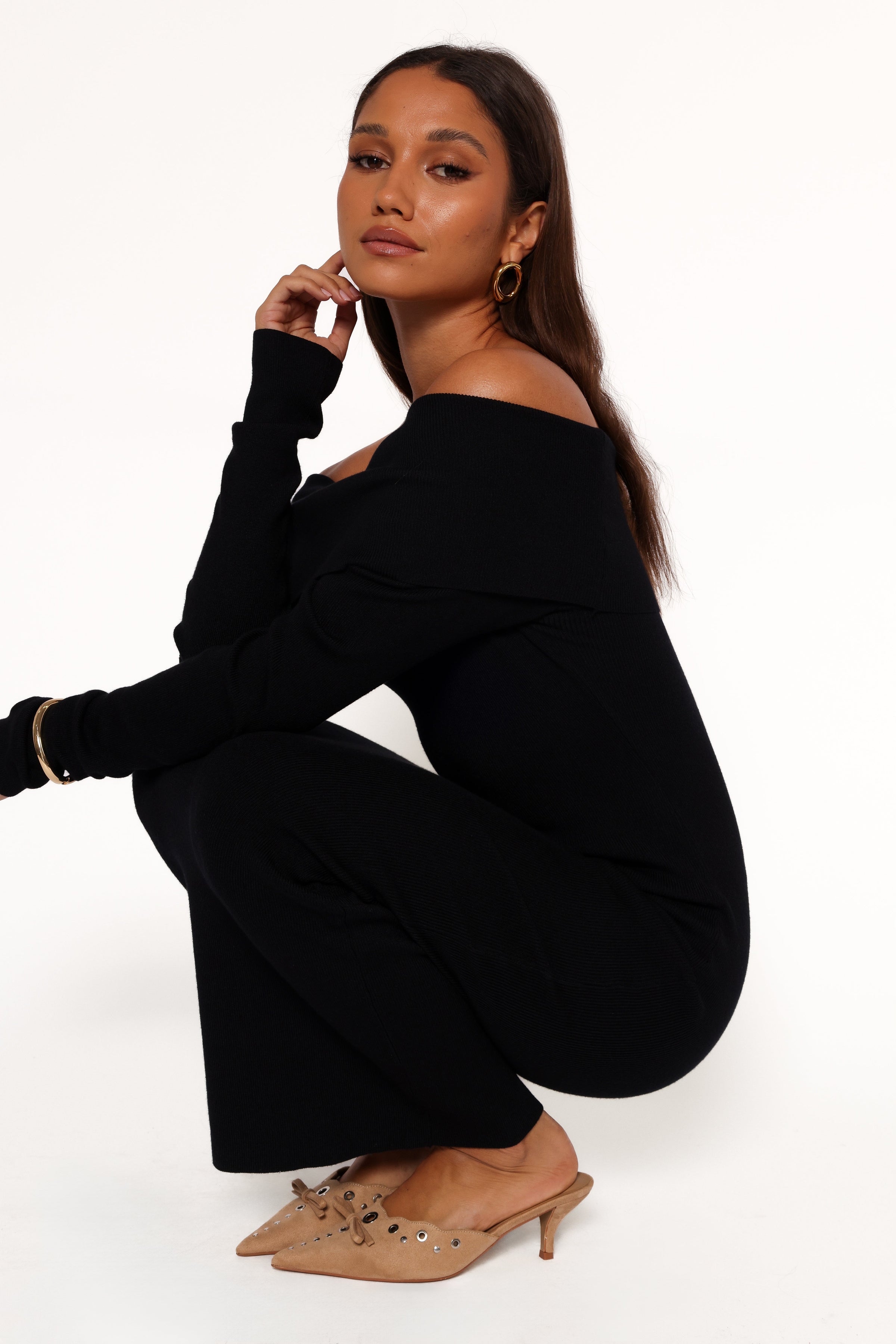 Petal and Pup USA DRESSES Archie Off the Shoulder Midi Dress - Black