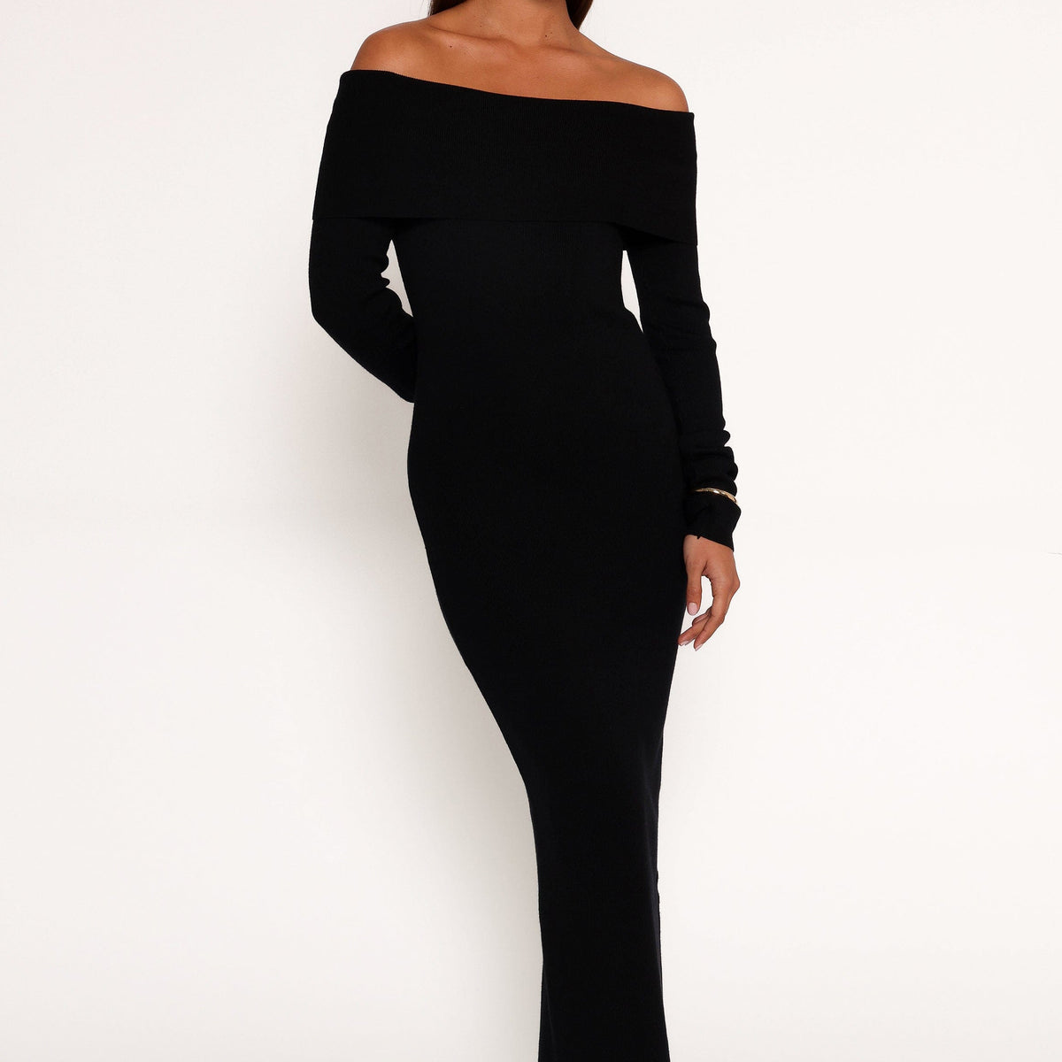 black off shoulder long sleeve dress Petal and Pup Women's Archie Off The Shoulder Midi Dress