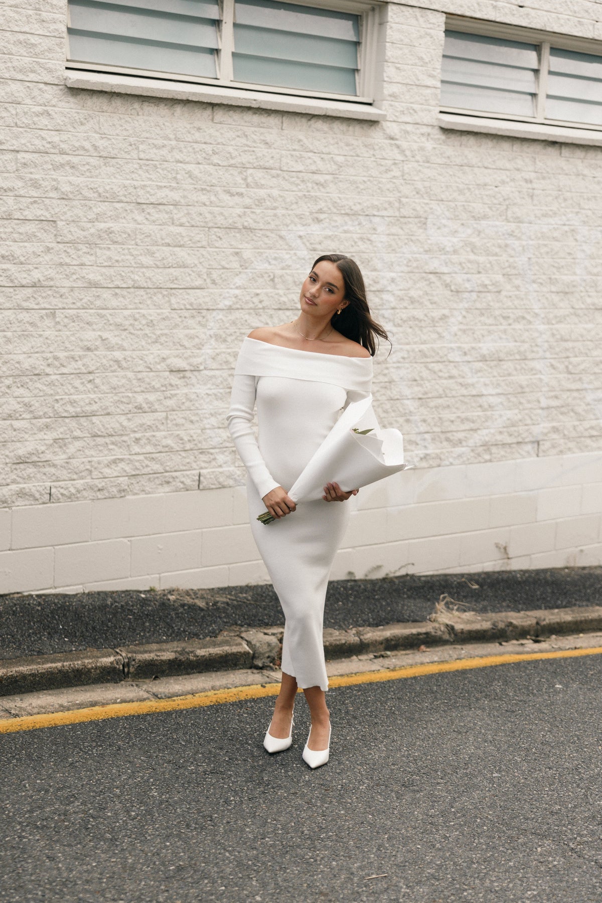off the shoulder white midi dress Archie Off the Shoulder Midi Dress - White