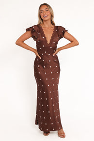 Petal and Pup USA DRESSES Arella Maxi Dress - Brown Polka Dot