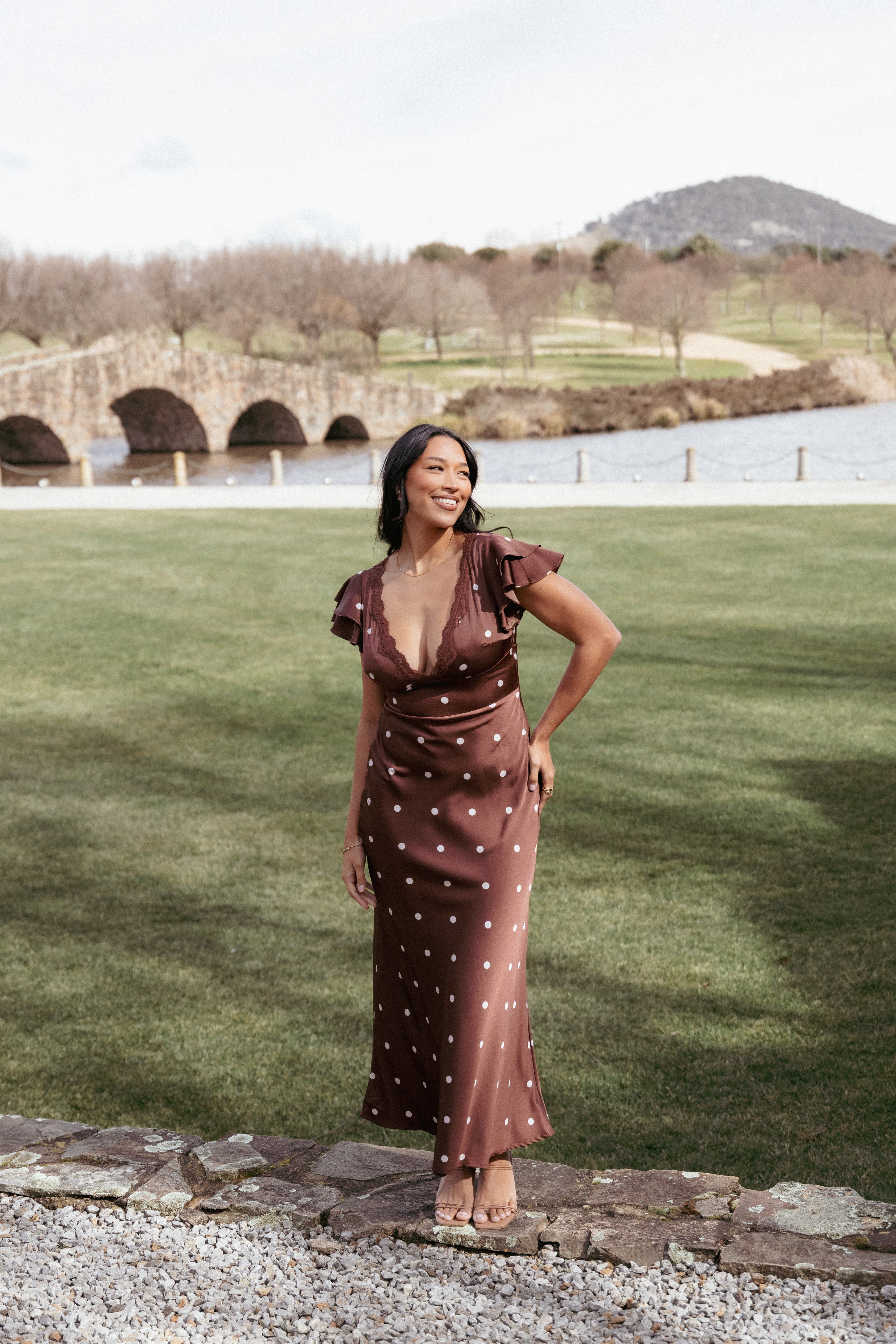 Arella Maxi Dress Brown Polka Dot Collection | Petal & Pup USA