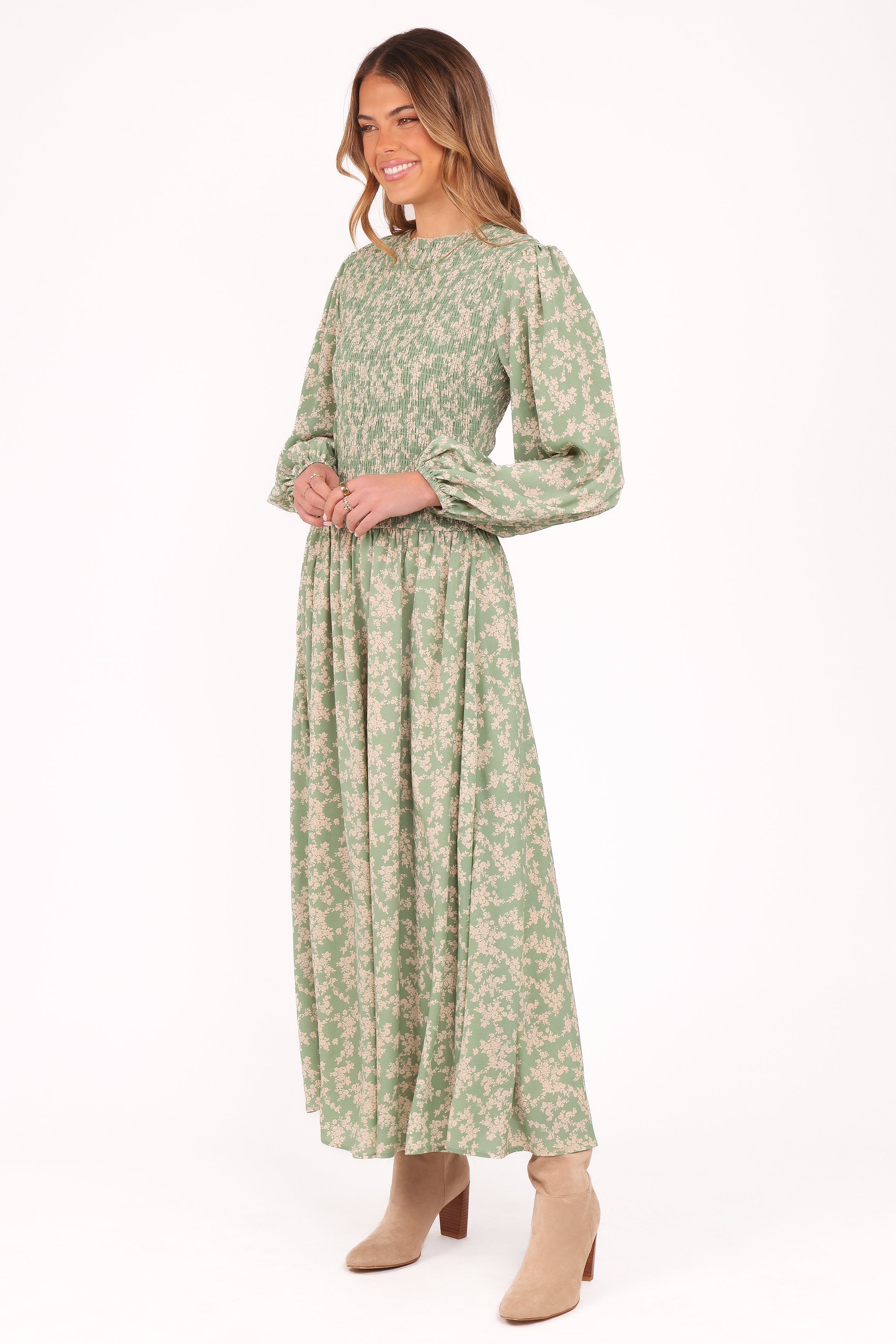 Petal and Pup USA DRESSES Ashara Long Sleeve Midi Dress - Green Floral