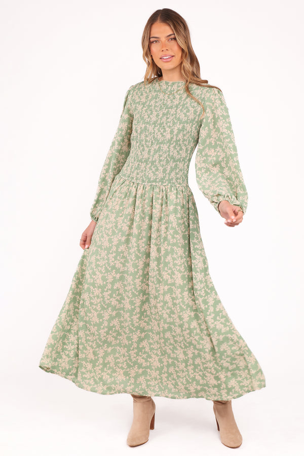 Petal and Pup USA DRESSES Ashara Long Sleeve Midi Dress - Green Floral