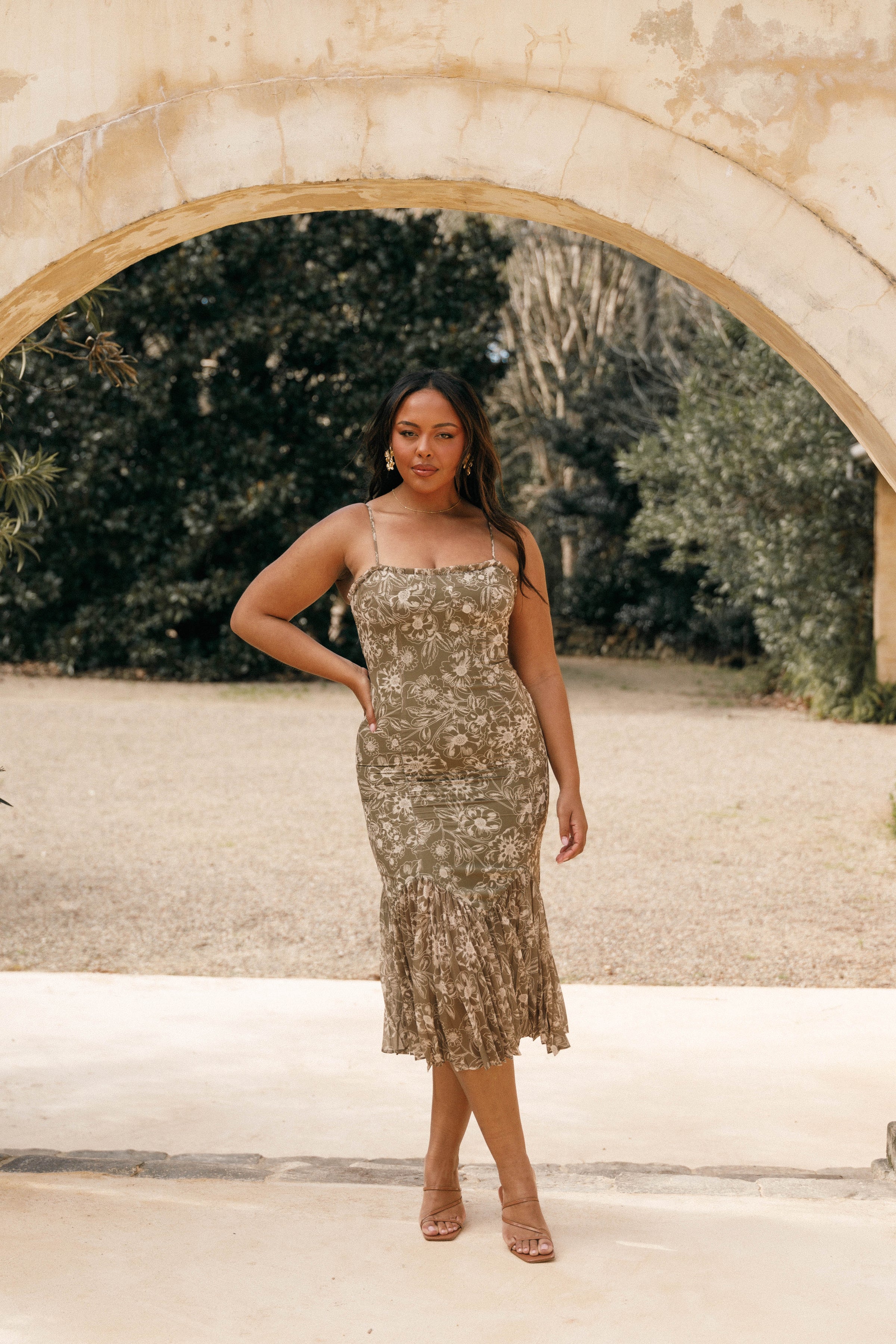 Petal and Pup USA DRESSES Ashton Midi Dress - Olive Floral