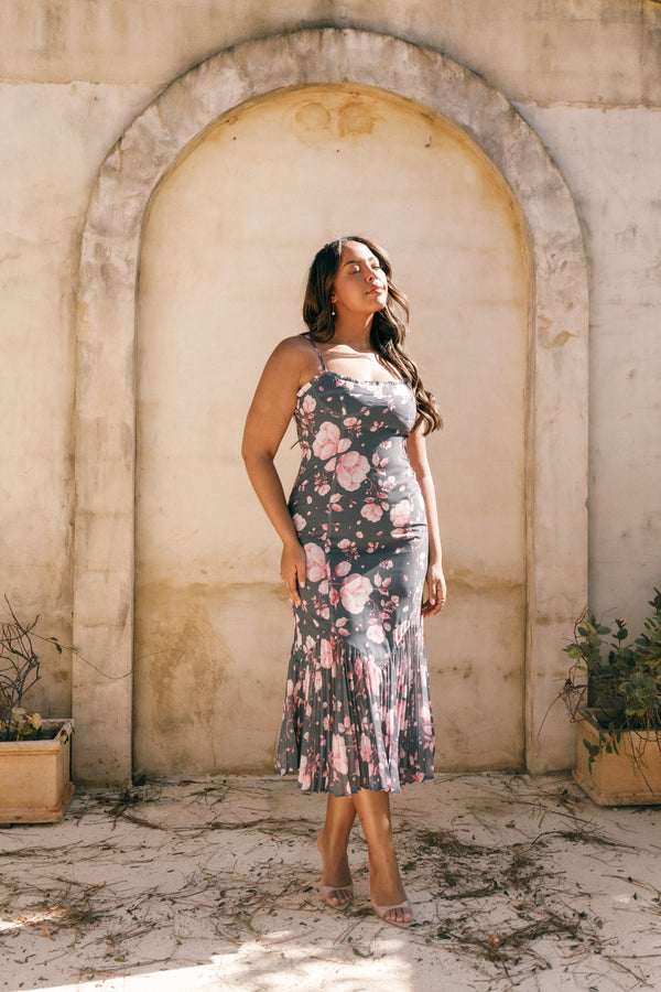 Petal and Pup USA DRESSES Ashton Midi Dress - Steel Gray Floral (Hold for Rack)