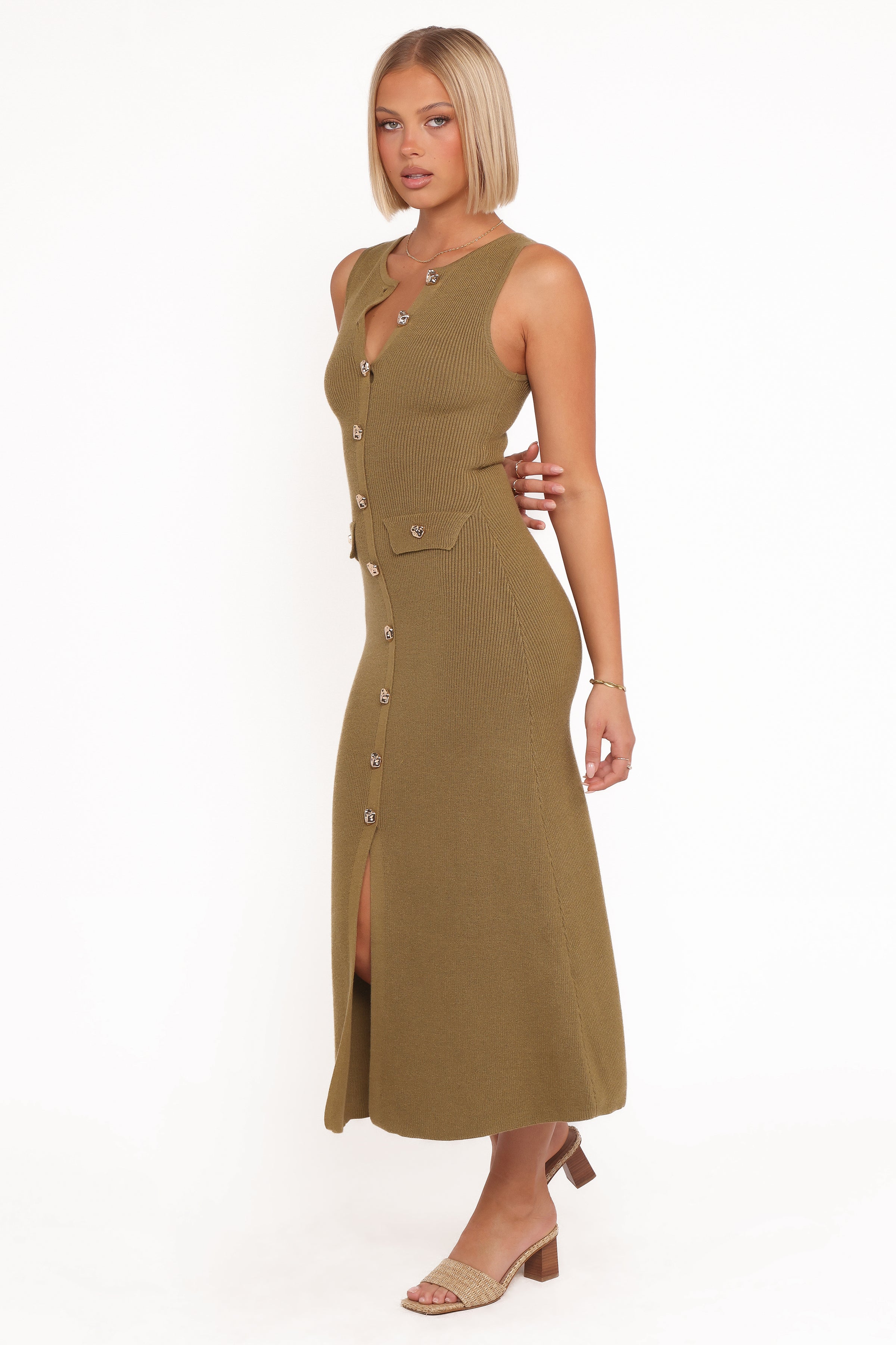 Petal and Pup USA DRESSES Aspen Button Up Knit Dress - Olive