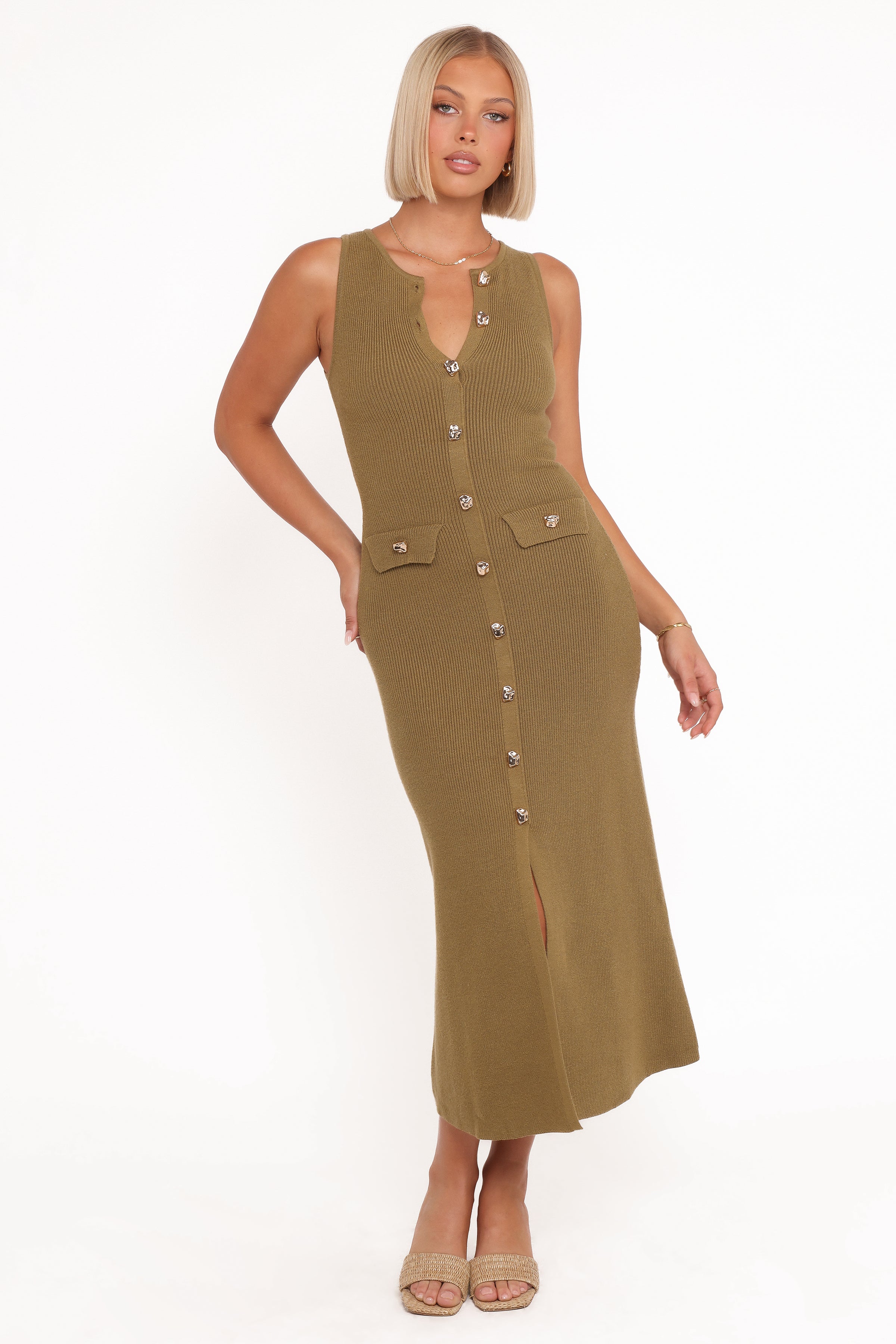 Petal and Pup USA DRESSES Aspen Button Up Knit Dress - Olive