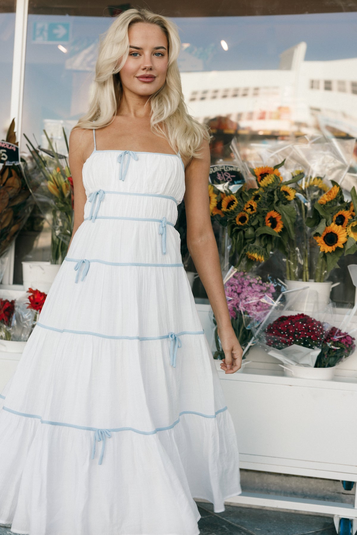 Aubree Midi Dress - White Blue Aubree Midi Dress - White Blue