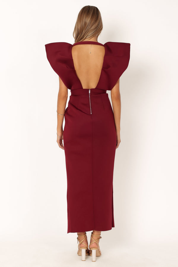 Petal and Pup USA DRESSES Augie Frill Shoulder Maxi Dress - Burgundy