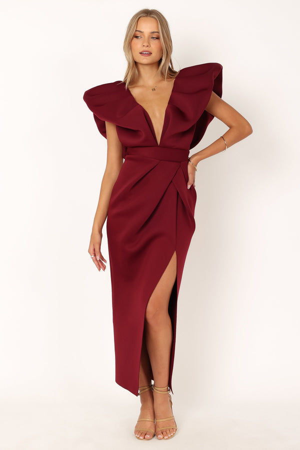 Petal and Pup USA DRESSES Augie Frill Shoulder Maxi Dress - Burgundy