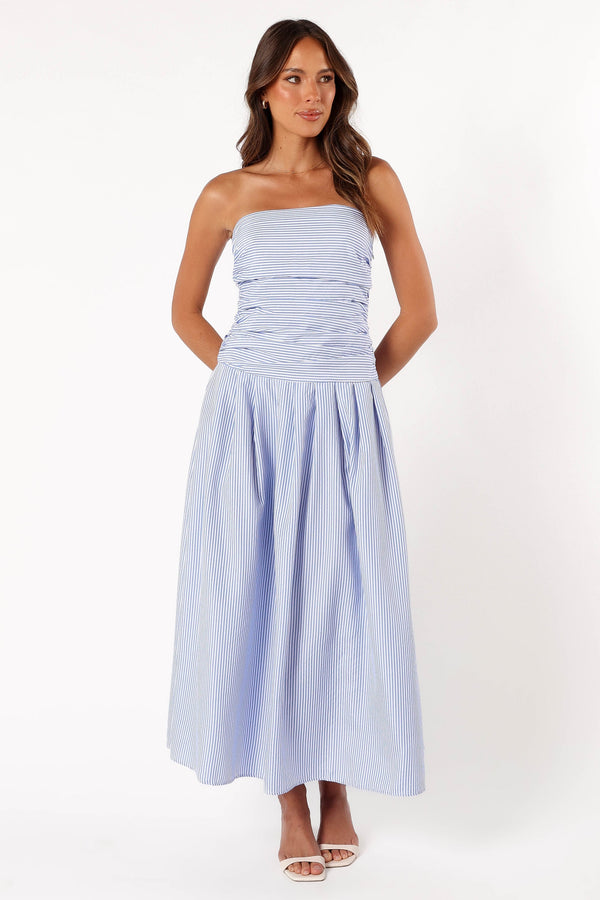 Petal and Pup USA DRESSES Avalee Strapless Maxi Dress - Blue Stripe