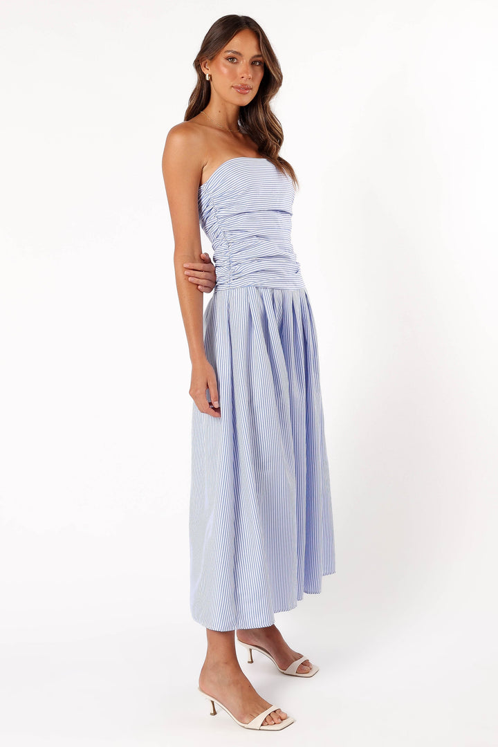 MAILEE Strapless Maxi Dress - Blue/Red Yes Always Strapless Maxi Dress Blue  | Hello Molly