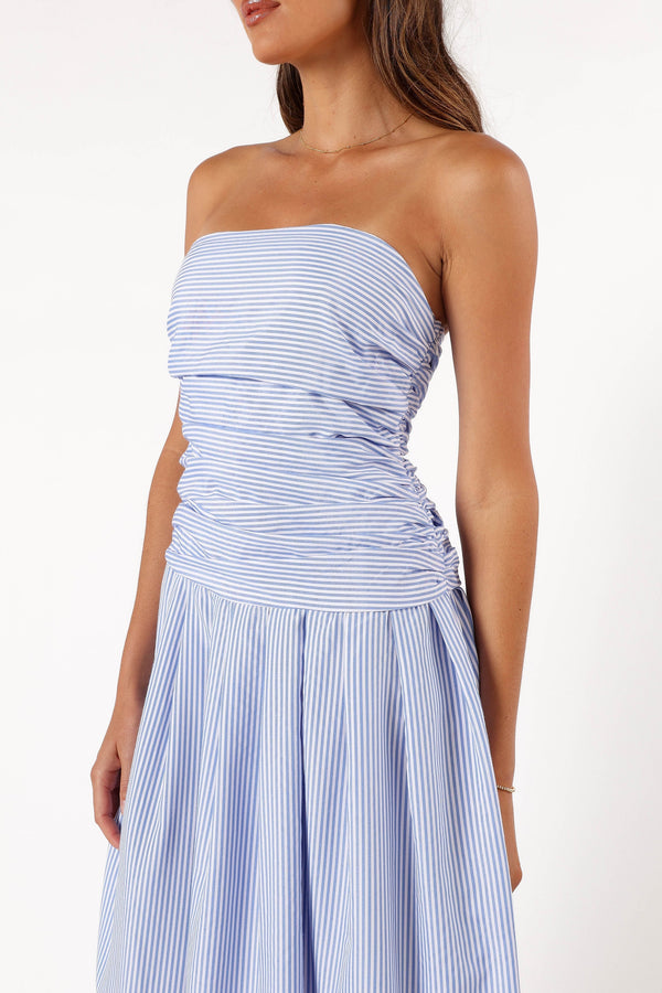 Petal and Pup USA DRESSES Avalee Strapless Maxi Dress - Blue Stripe