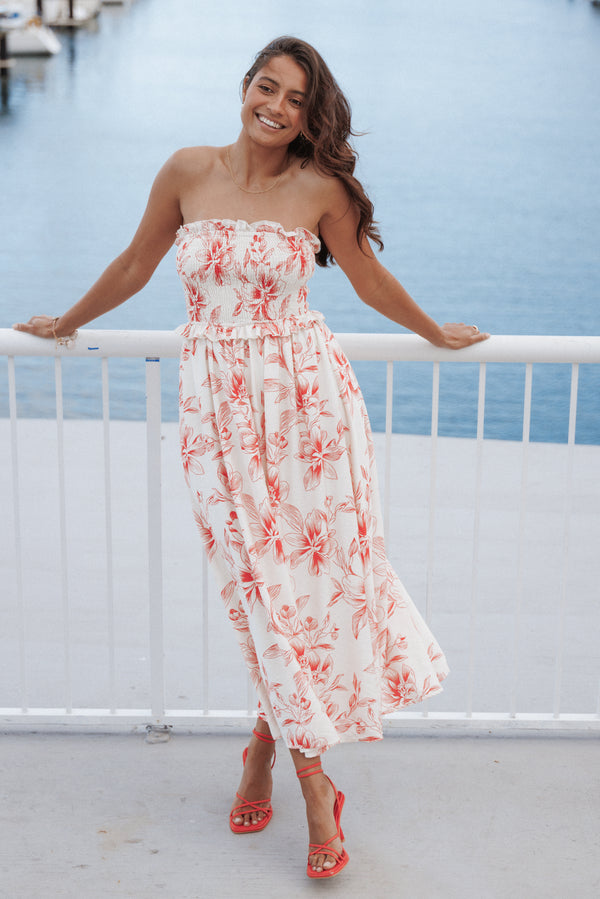 Petal and Pup USA DRESSES Avania Strapless Midi Dress - Red Floral