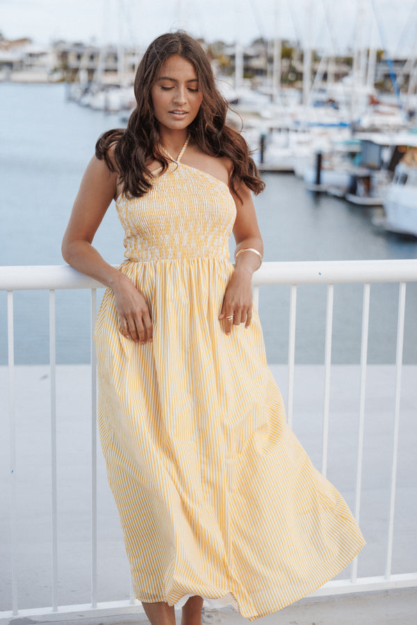 Petal and Pup USA DRESSES Aviva Smocked Midi Dress - Mango Stripe